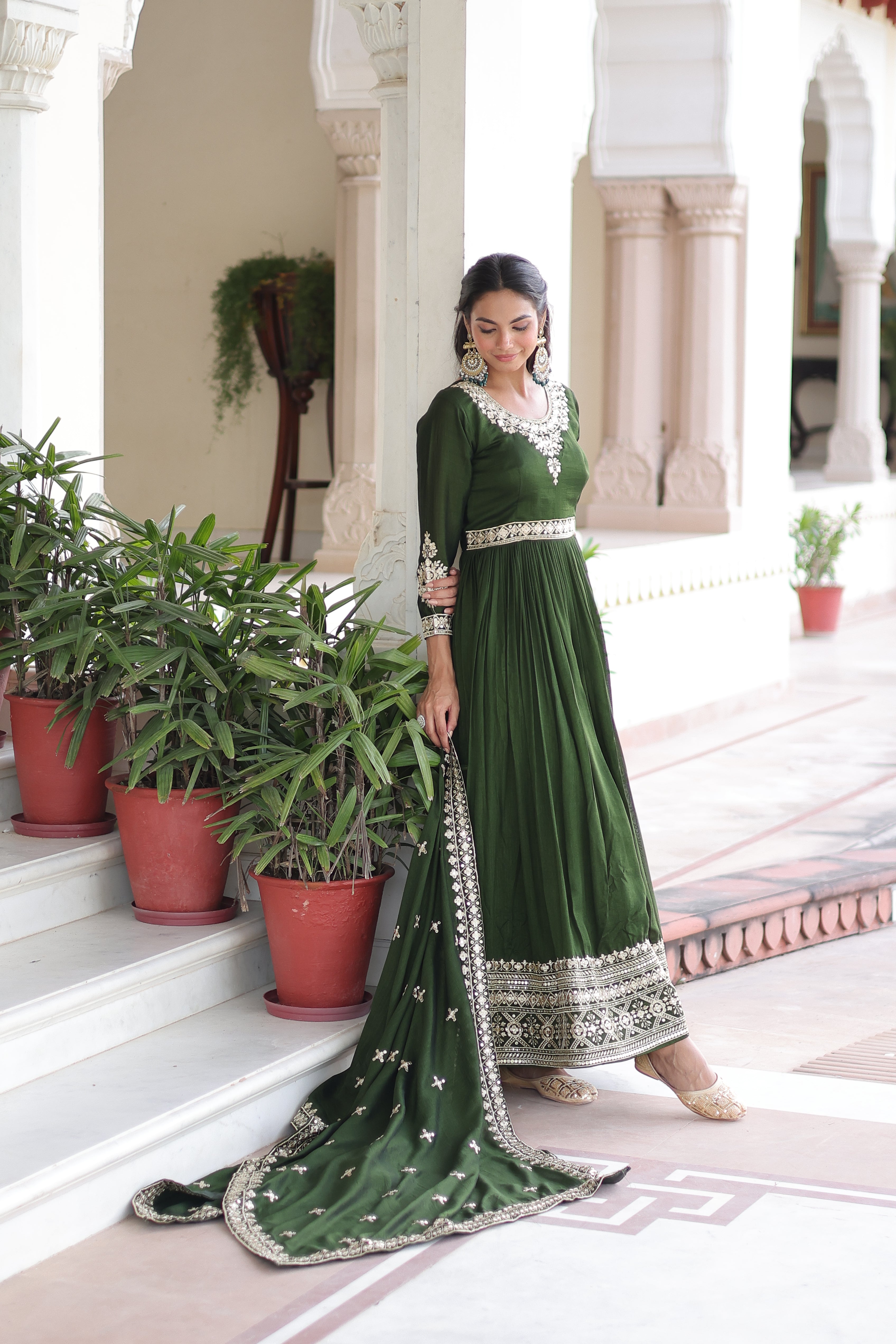 Ruvani green Vichitra silk gown with rich sequins embroidered work and dupatta
