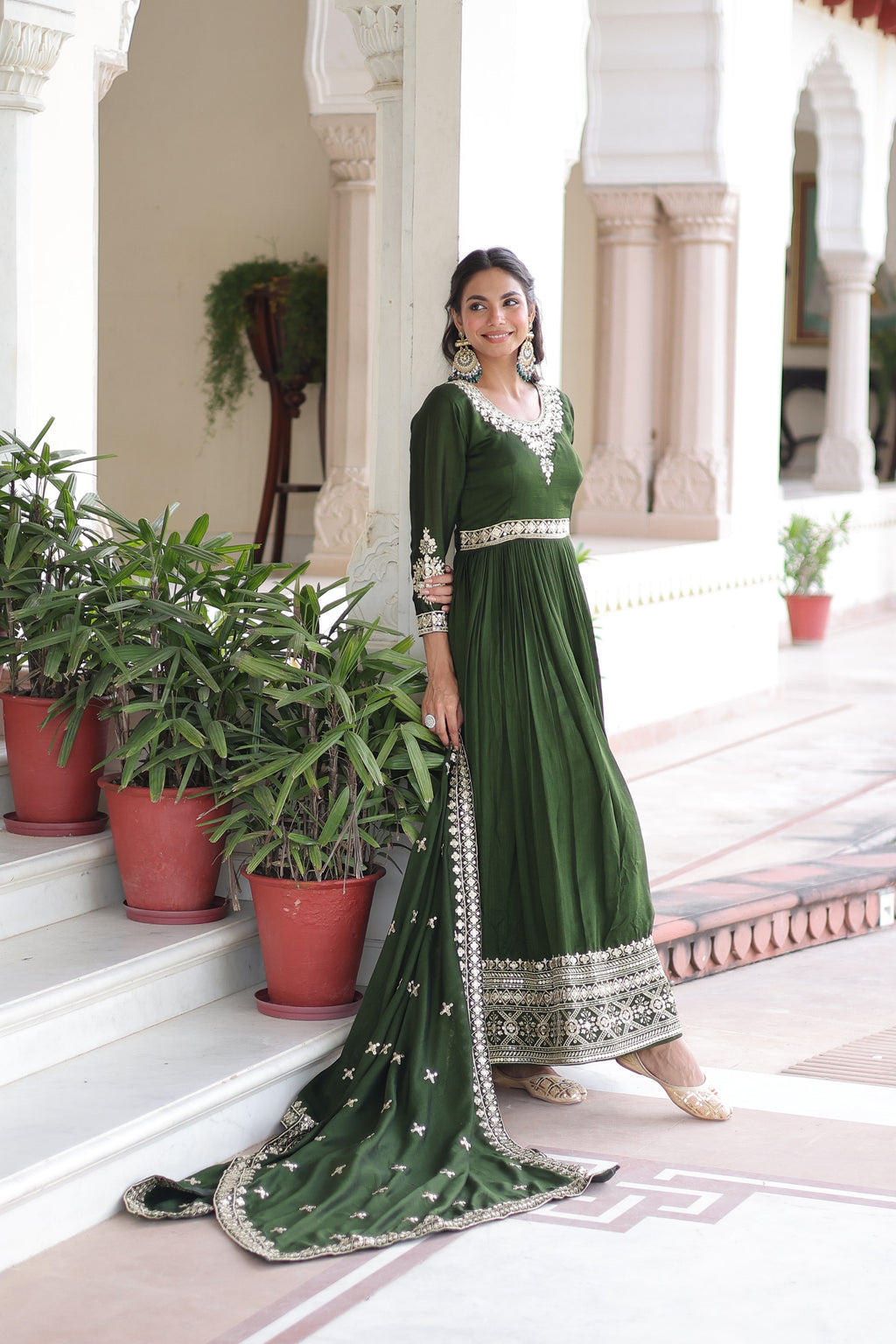 Ruvani green Vichitra silk gown with rich sequins embroidered work and dupatta