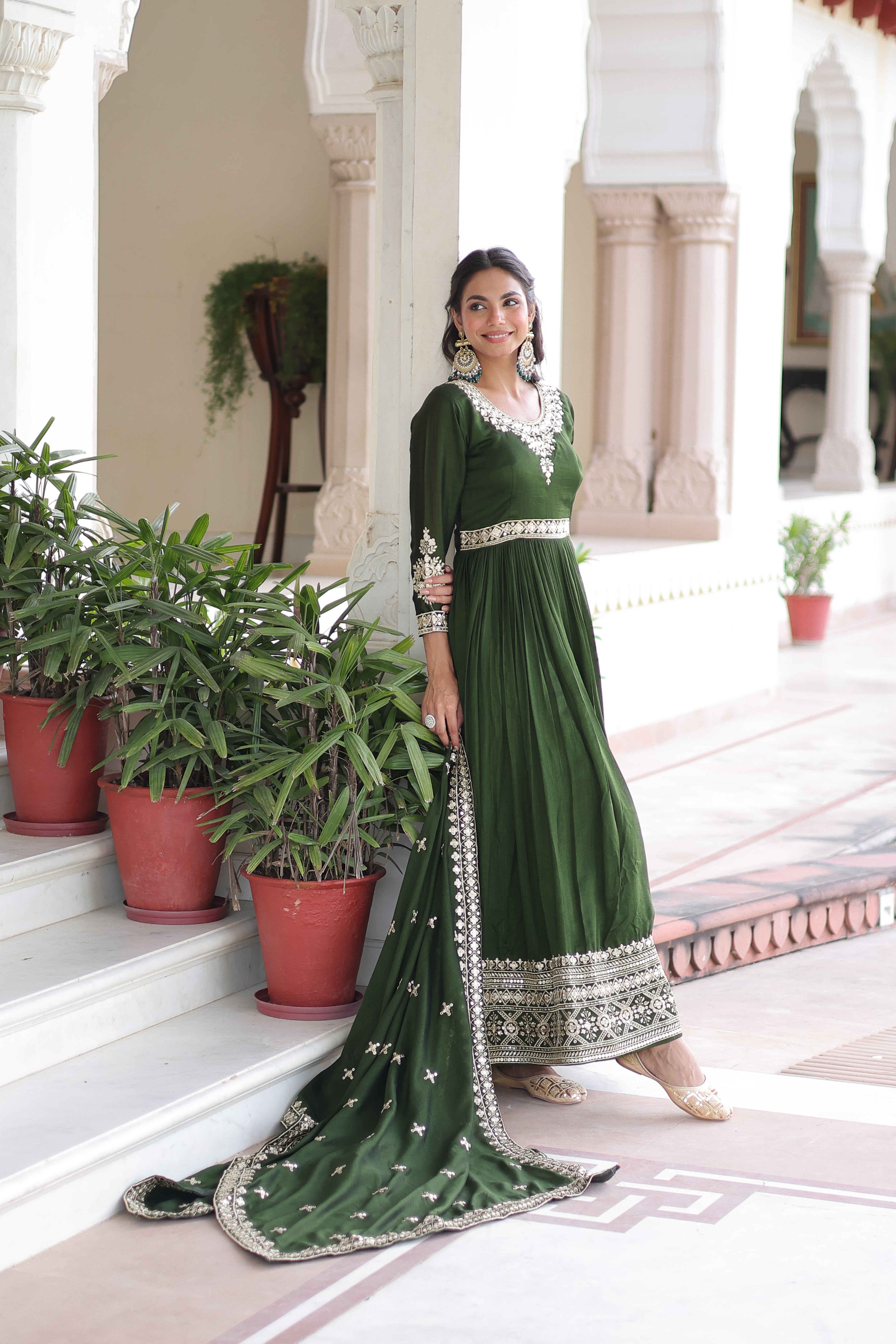 Ruvani green Vichitra silk gown with rich sequins embroidered work and dupatta