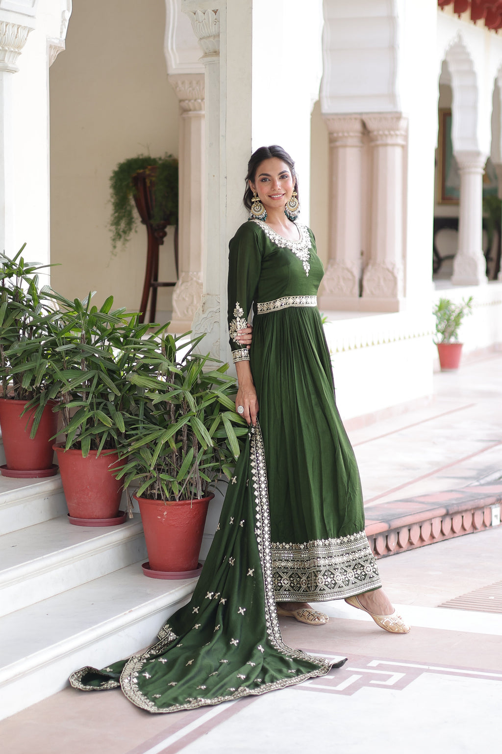 Ruvani green Vichitra silk gown with rich sequins embroidered work and dupatta