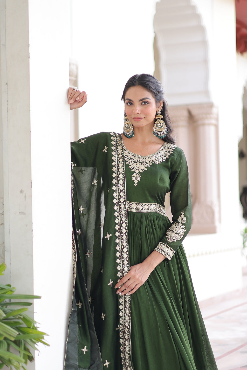 Ruvani green Vichitra silk gown with rich sequins embroidered work and dupatta