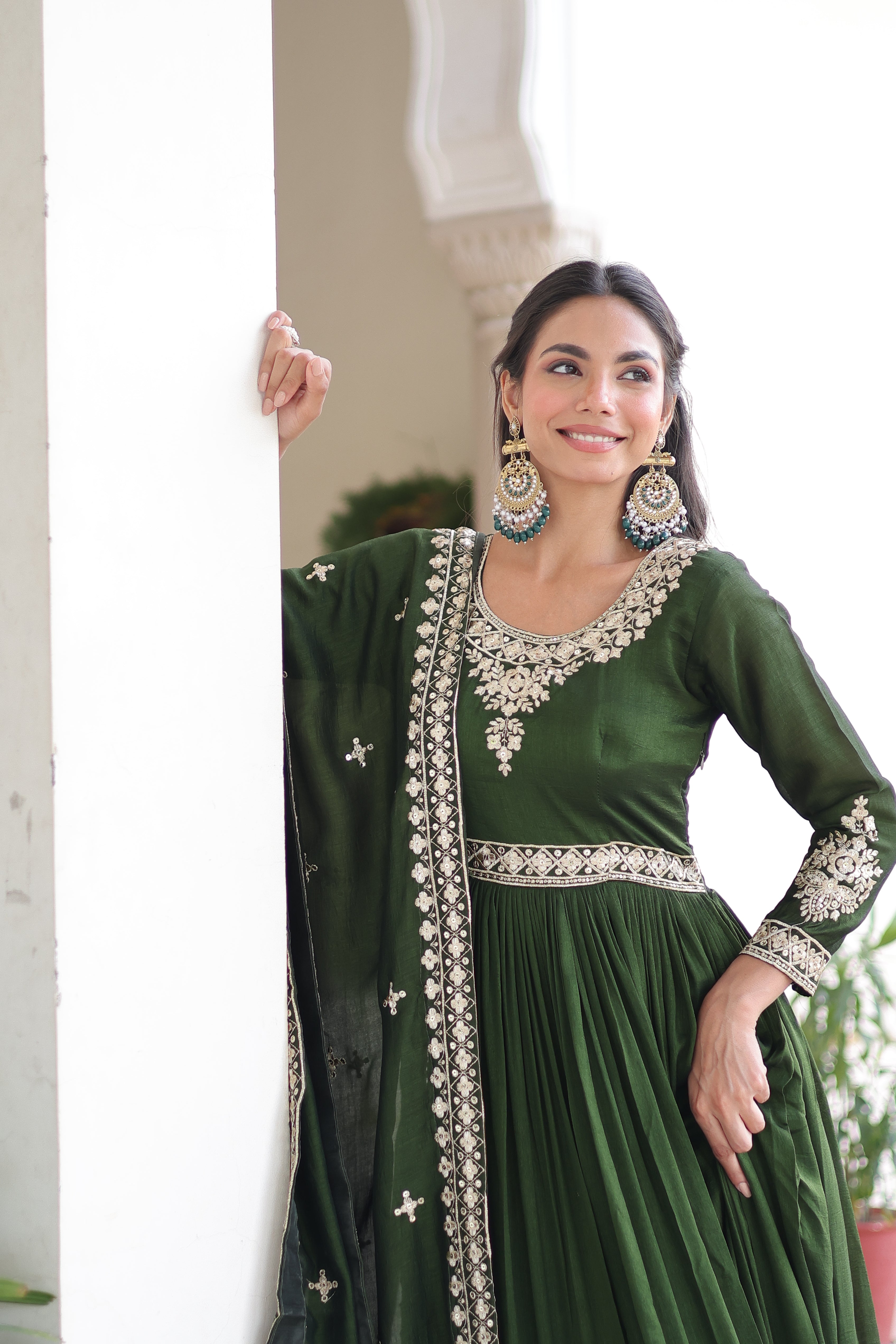 Ruvani green Vichitra silk gown with rich sequins embroidered work and dupatta