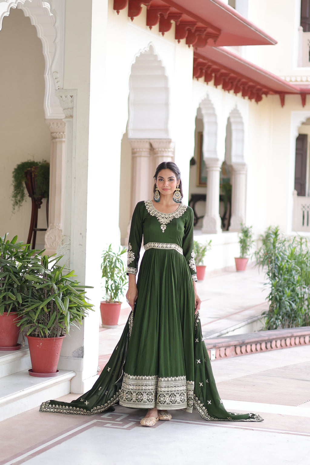 Ruvani green Vichitra silk gown with rich sequins embroidered work and dupatta