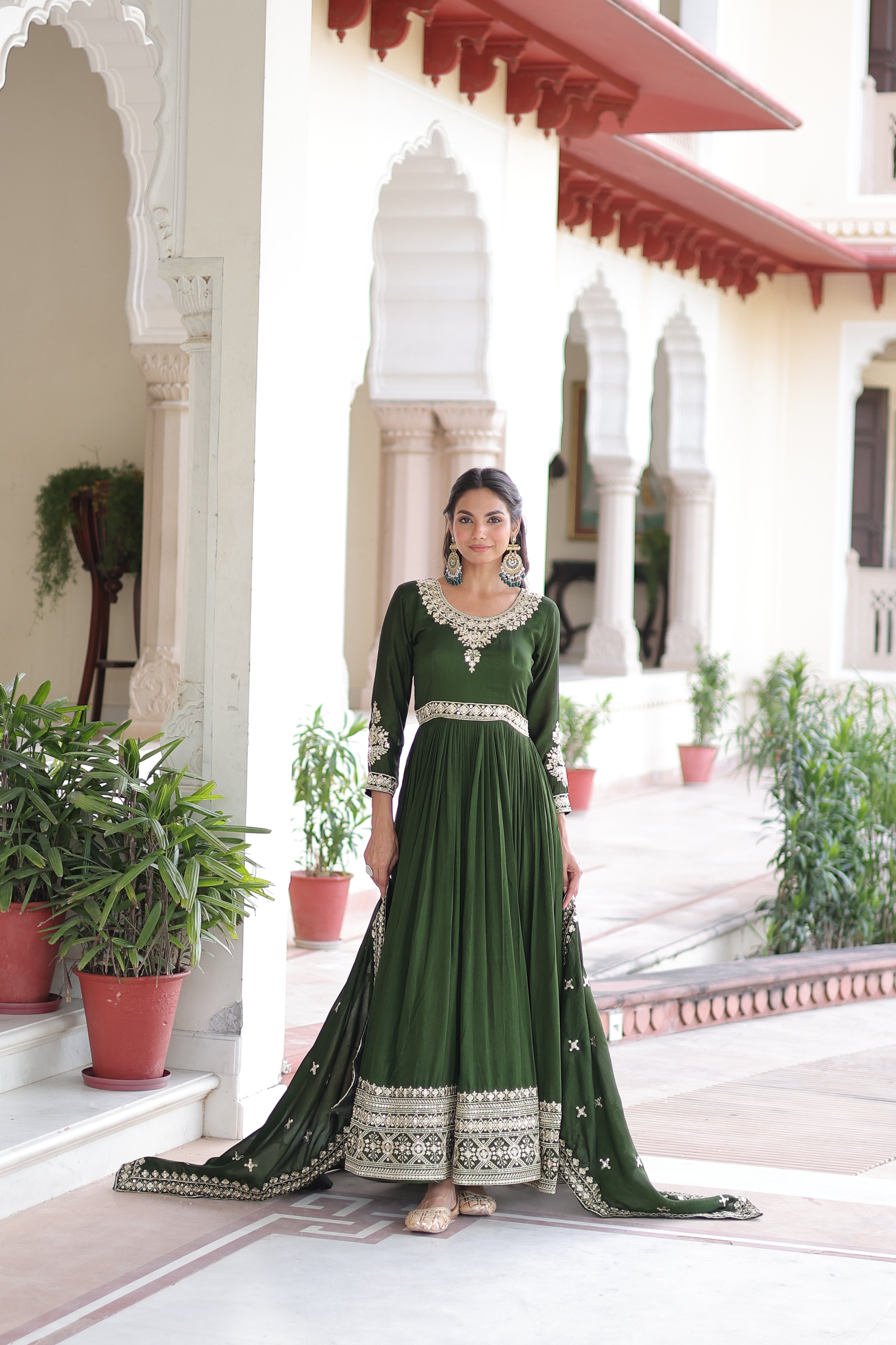 Ruvani green Vichitra silk gown with rich sequins embroidered work and dupatta