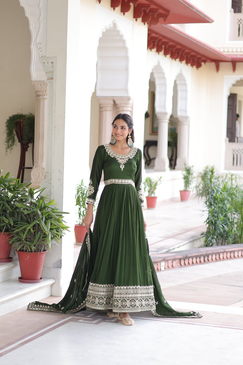 Ruvani green Vichitra silk gown with rich sequins embroidered work and dupatta