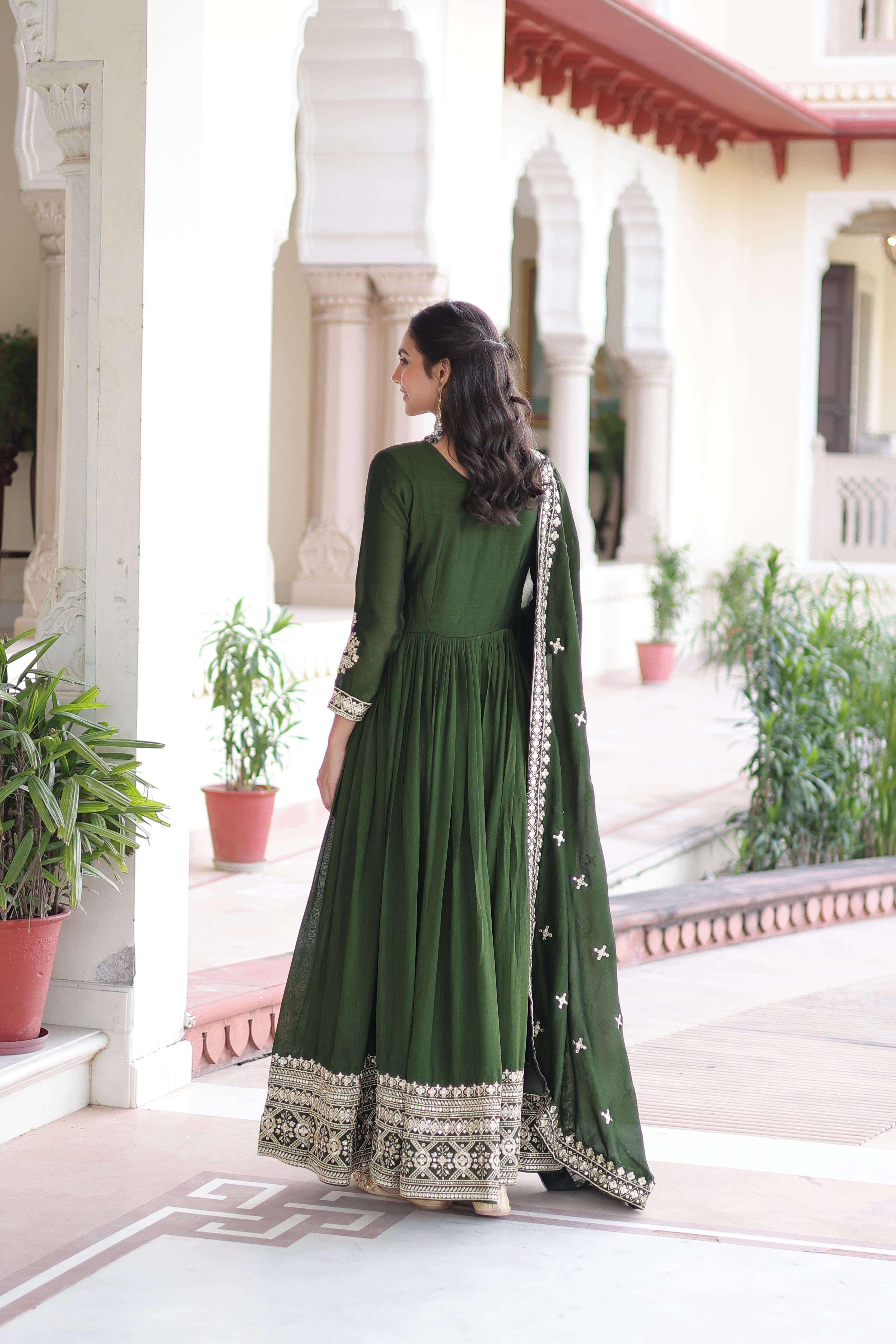 Ruvani green Vichitra silk gown with rich sequins embroidered work and dupatta