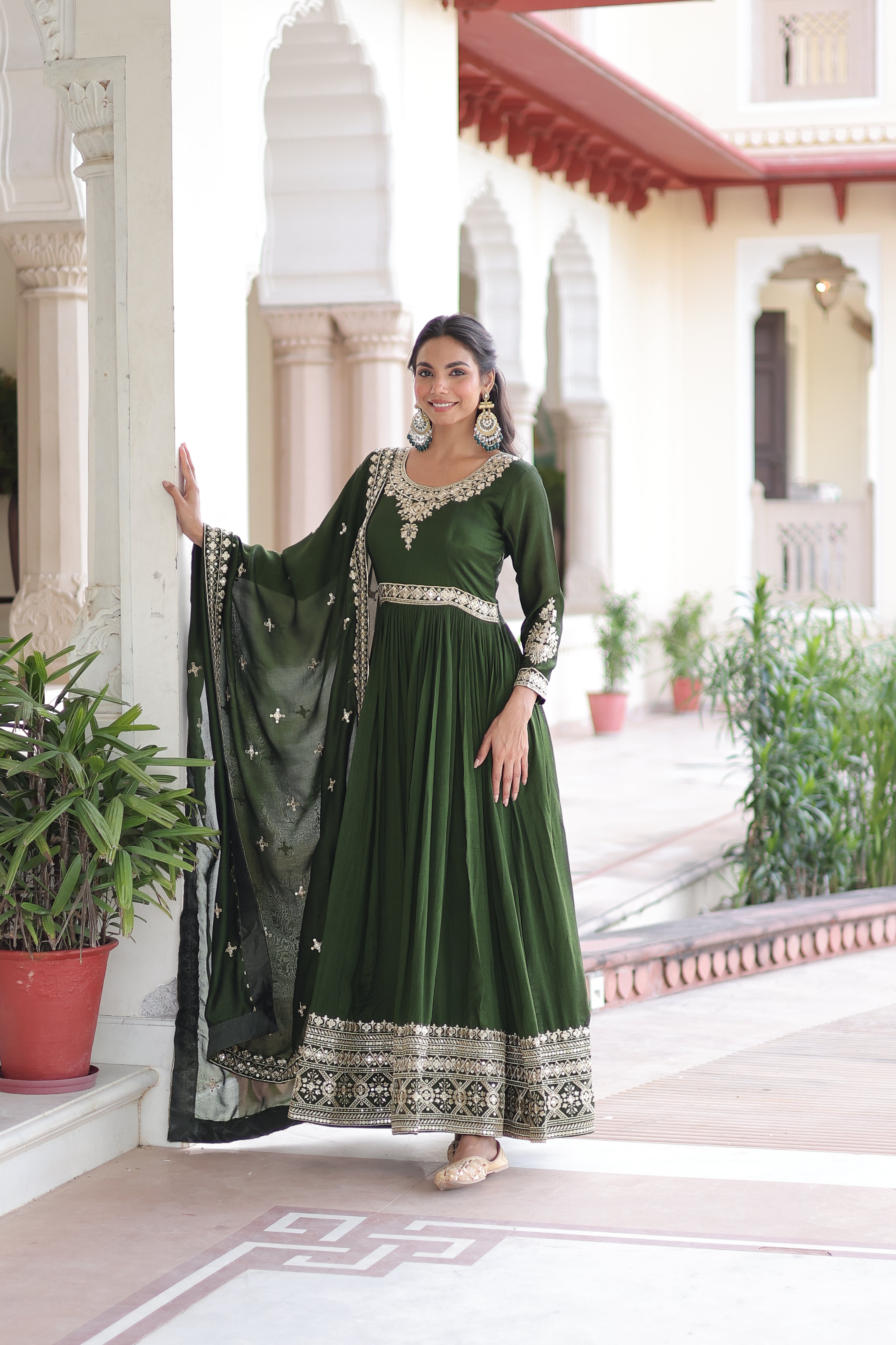 Ruvani green Vichitra silk gown with rich sequins embroidered work and dupatta