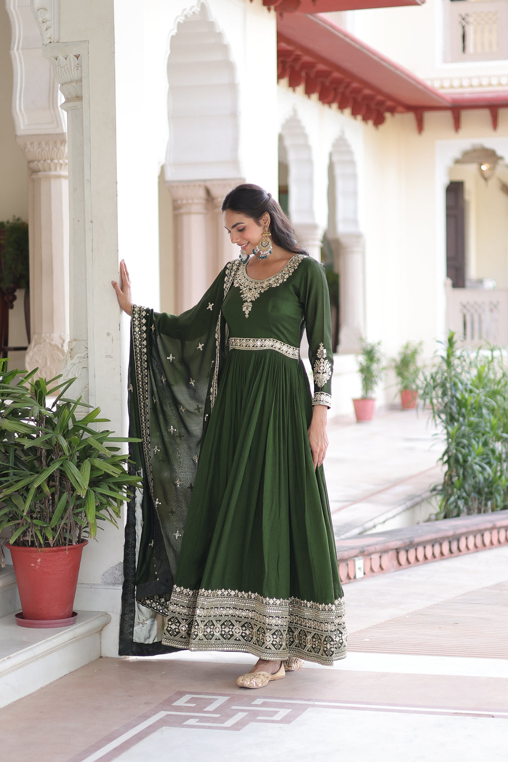 Ruvani green Vichitra silk gown with rich sequins embroidered work and dupatta