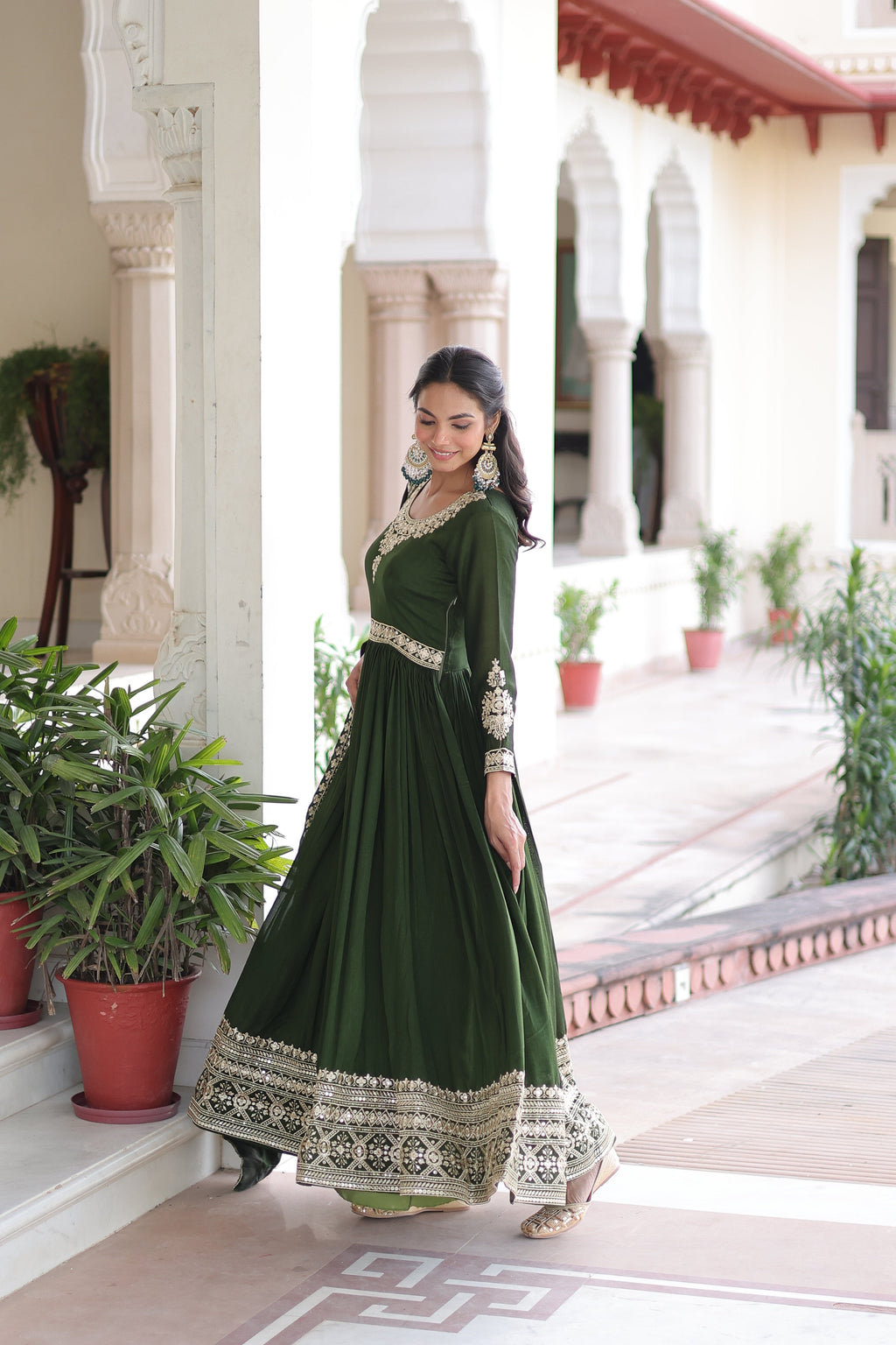 Ruvani green Vichitra silk gown with rich sequins embroidered work and dupatta