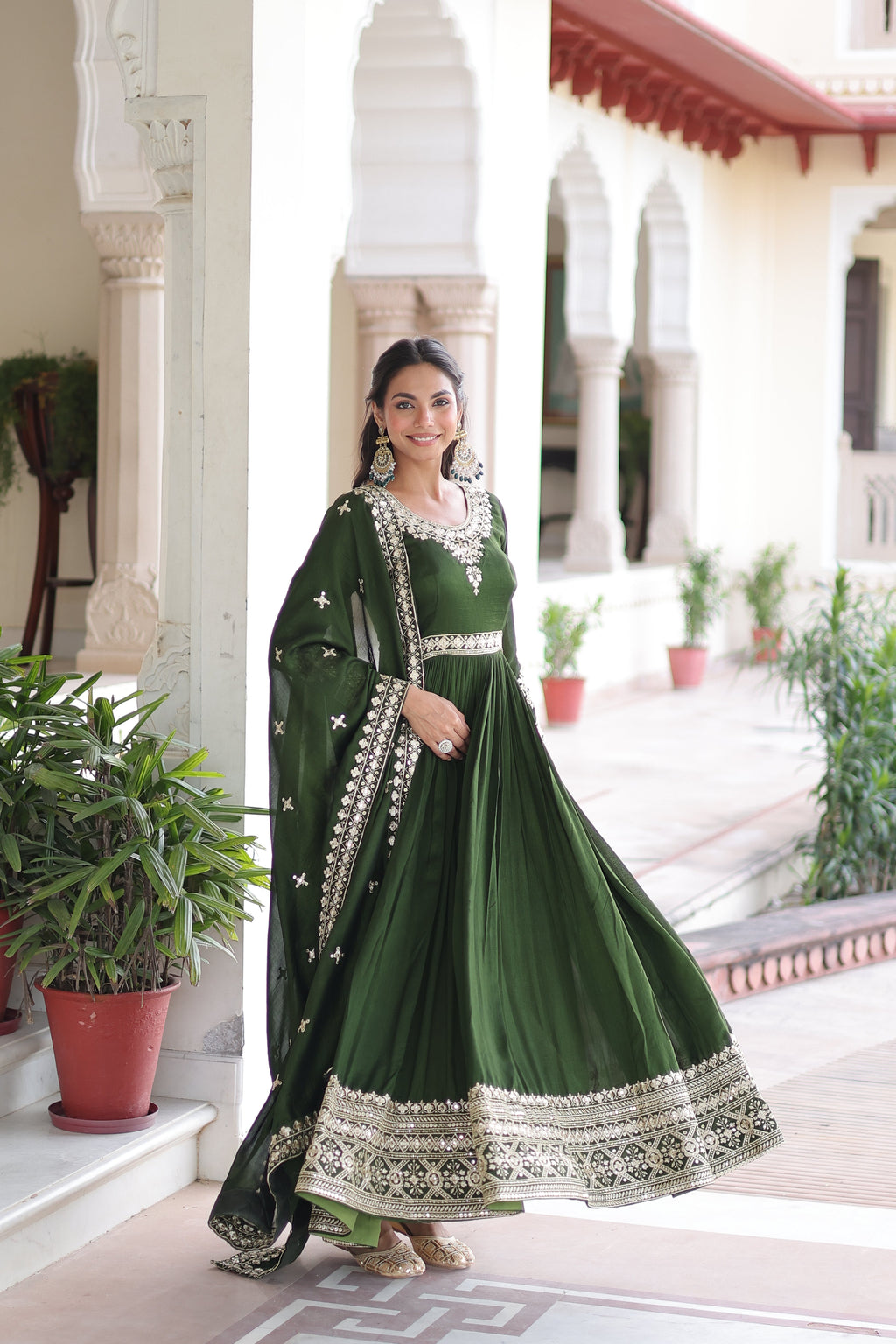 Ruvani green Vichitra silk gown with rich sequins embroidered work and dupatta