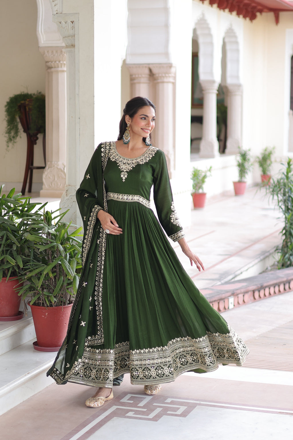 Ruvani green Vichitra silk gown with rich sequins embroidered work and dupatta