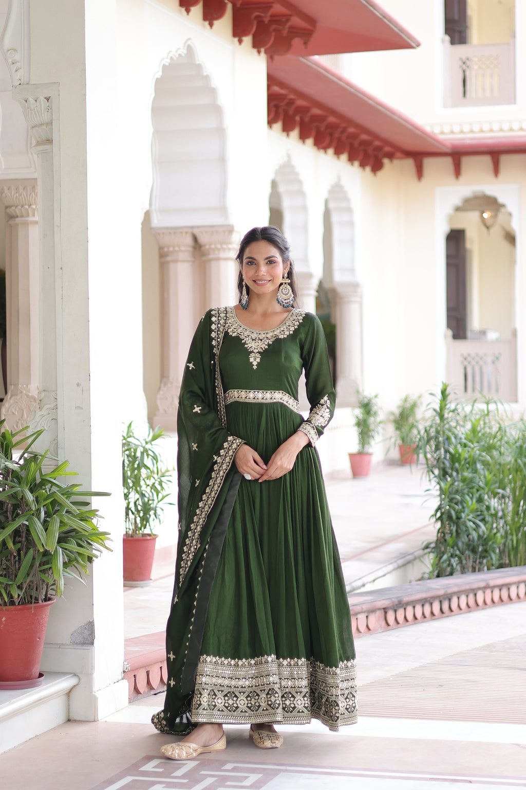 Ruvani green Vichitra silk gown with rich sequins embroidered work and dupatta