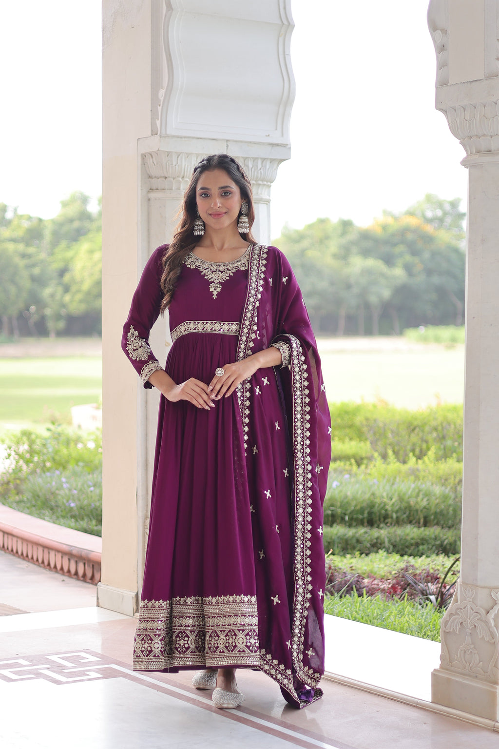 Ruvani wine Vichitra silk gown with rich sequins embroidered work and dupatta