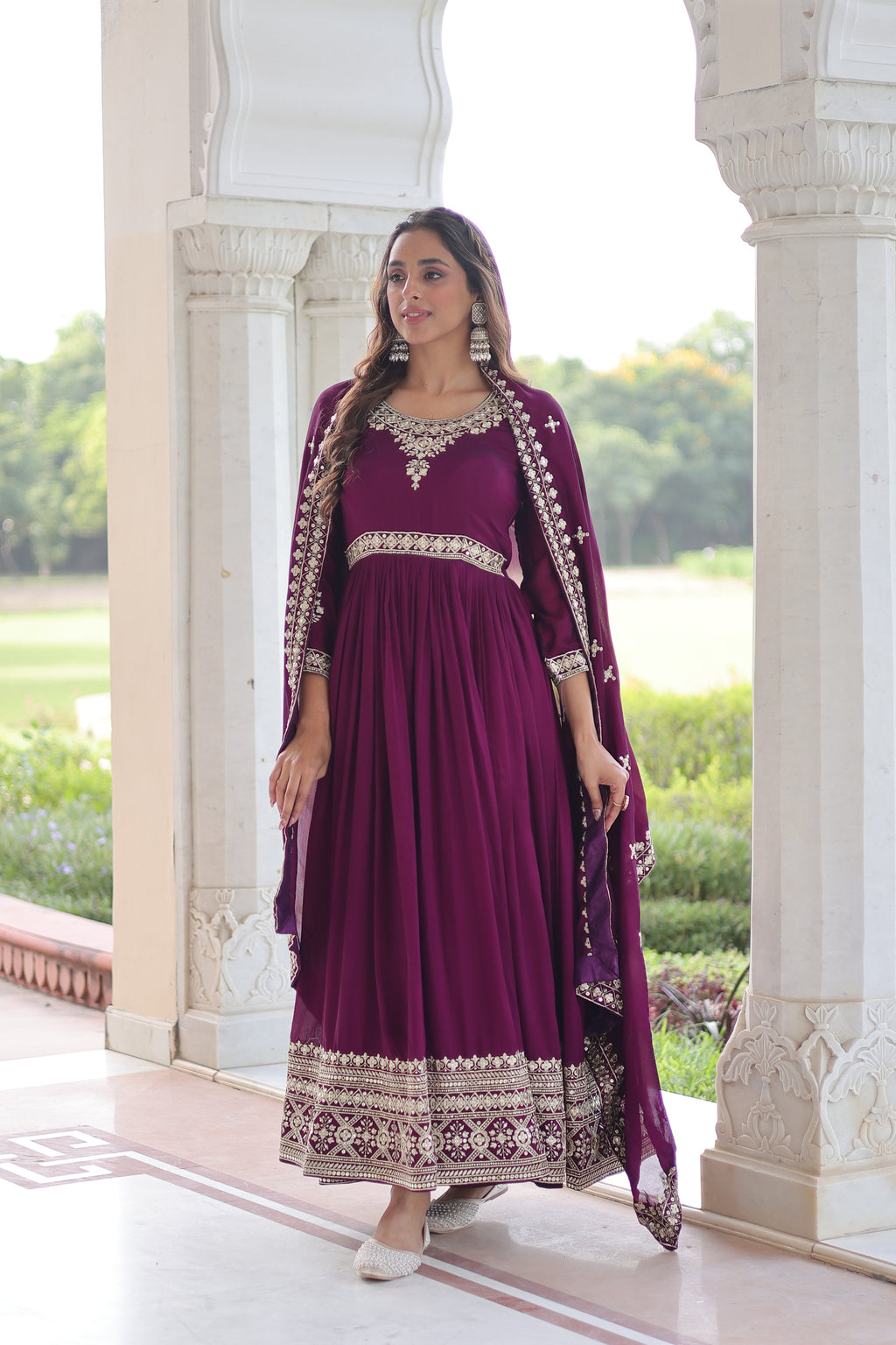 Ruvani wine Vichitra silk gown with rich sequins embroidered work and dupatta