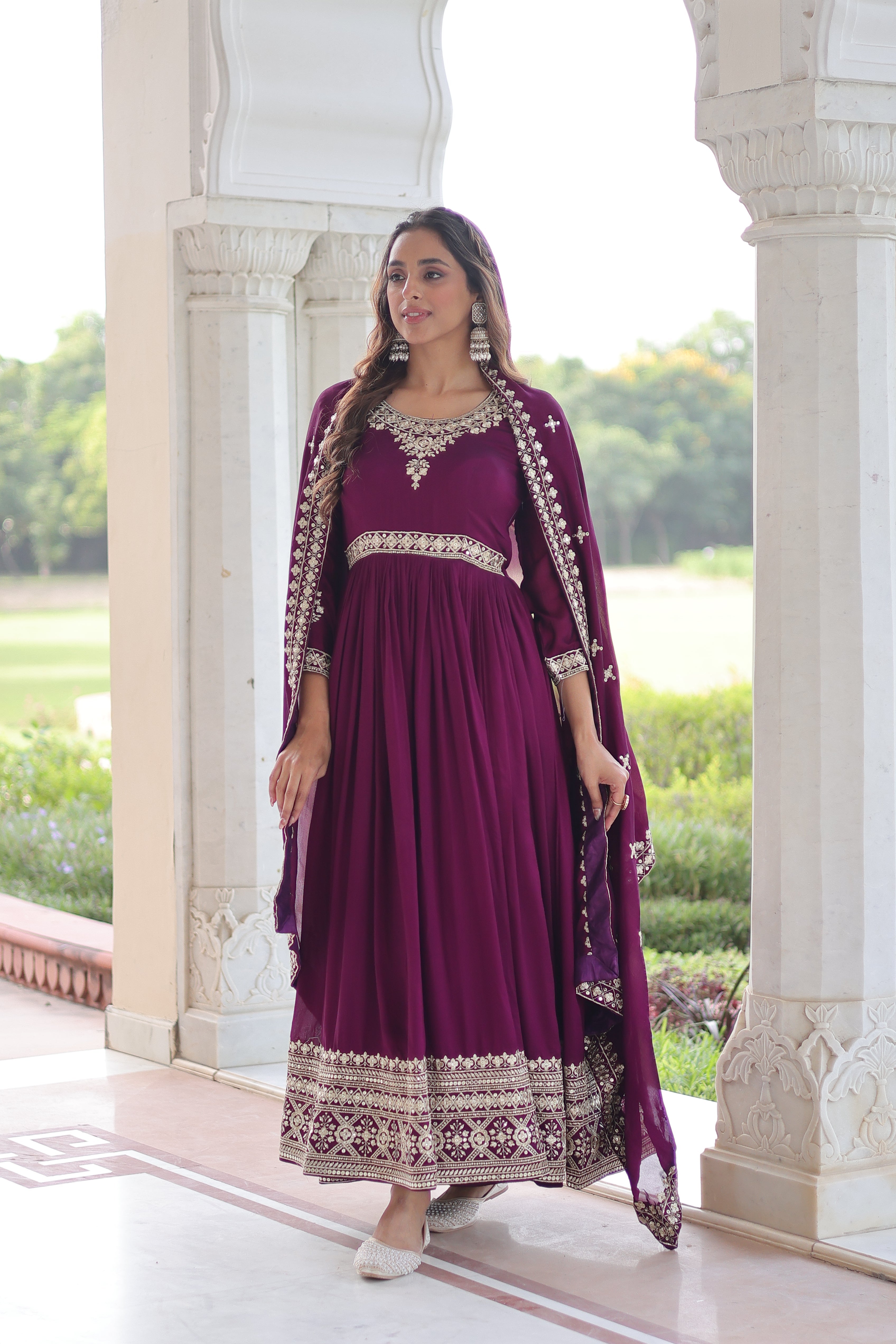 Ruvani wine Vichitra silk gown with rich sequins embroidered work and dupatta