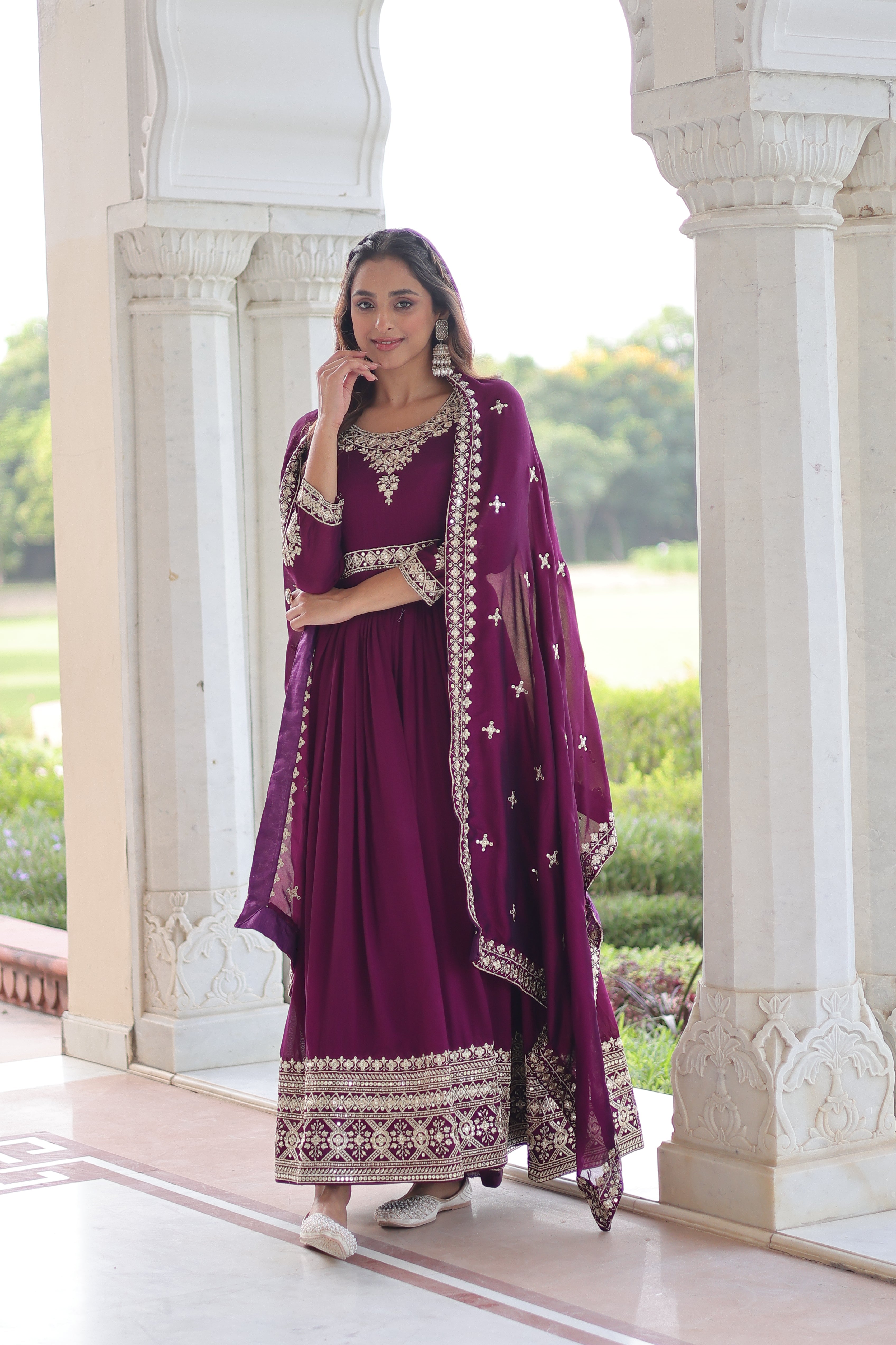 Ruvani wine Vichitra silk gown with rich sequins embroidered work and dupatta