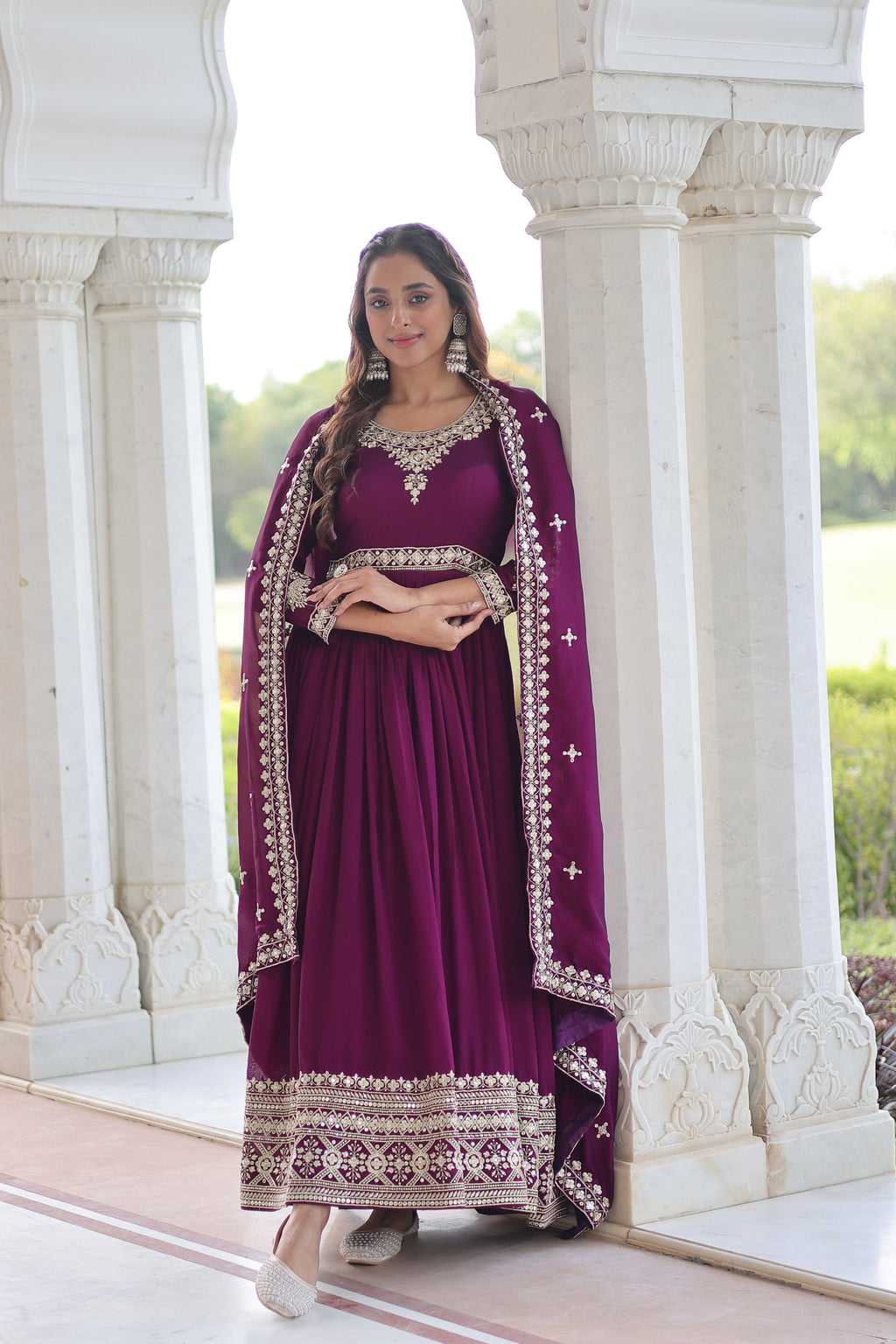 Ruvani wine Vichitra silk gown with rich sequins embroidered work and dupatta