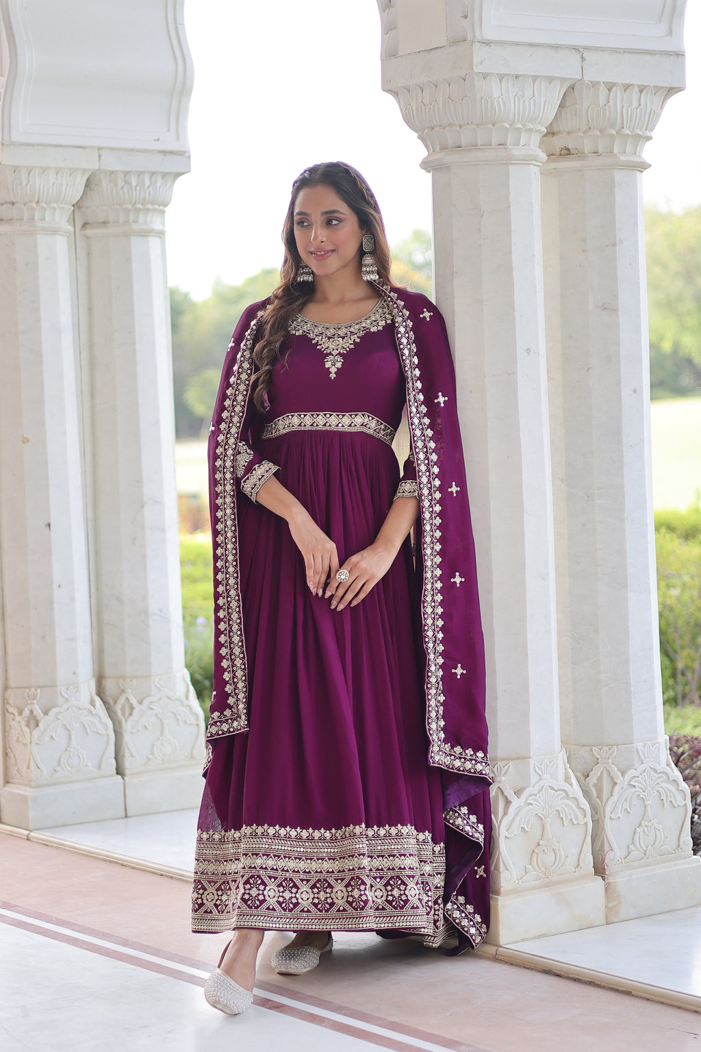 Ruvani wine Vichitra silk gown with rich sequins embroidered work and dupatta