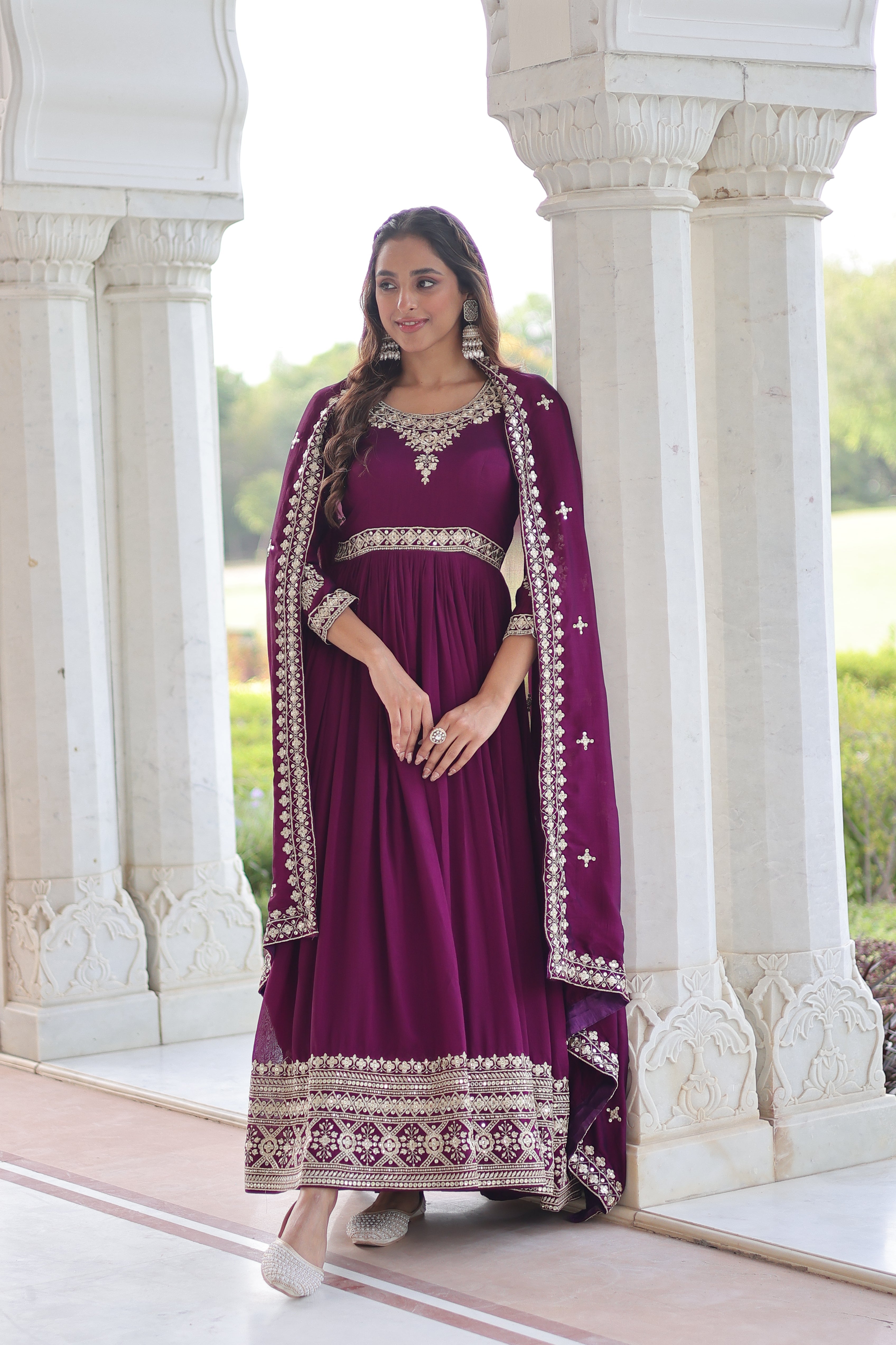 Ruvani wine Vichitra silk gown with rich sequins embroidered work and dupatta