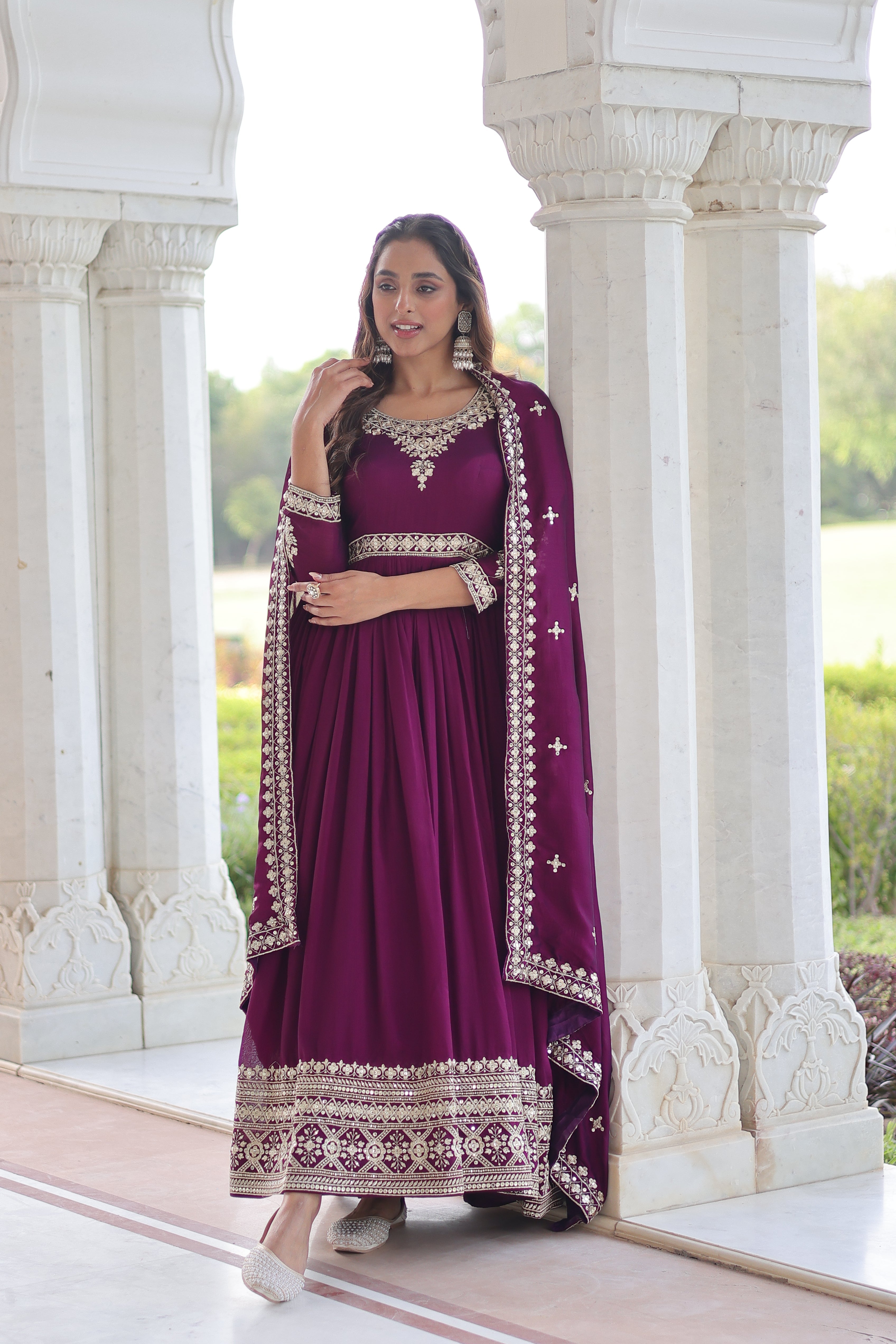 Ruvani wine Vichitra silk gown with rich sequins embroidered work and dupatta