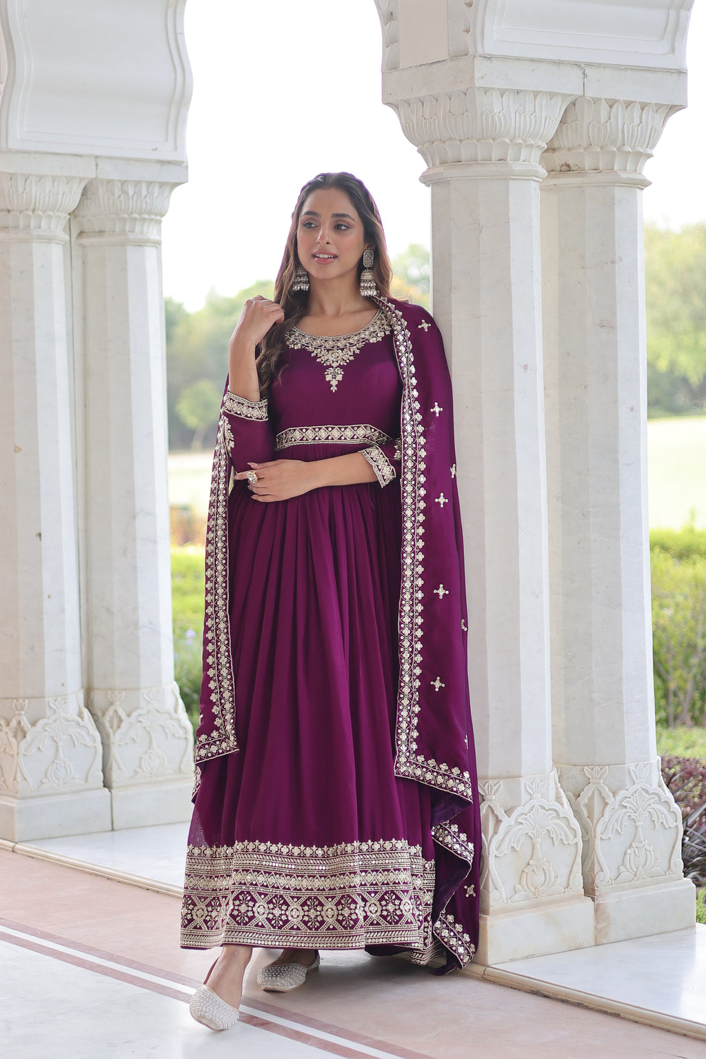 Ruvani wine Vichitra silk gown with rich sequins embroidered work and dupatta