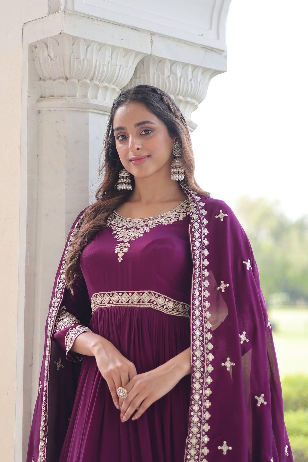 Ruvani wine Vichitra silk gown with rich sequins embroidered work and dupatta