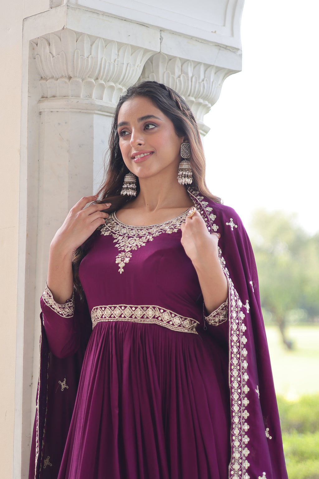 Ruvani wine Vichitra silk gown with rich sequins embroidered work and dupatta