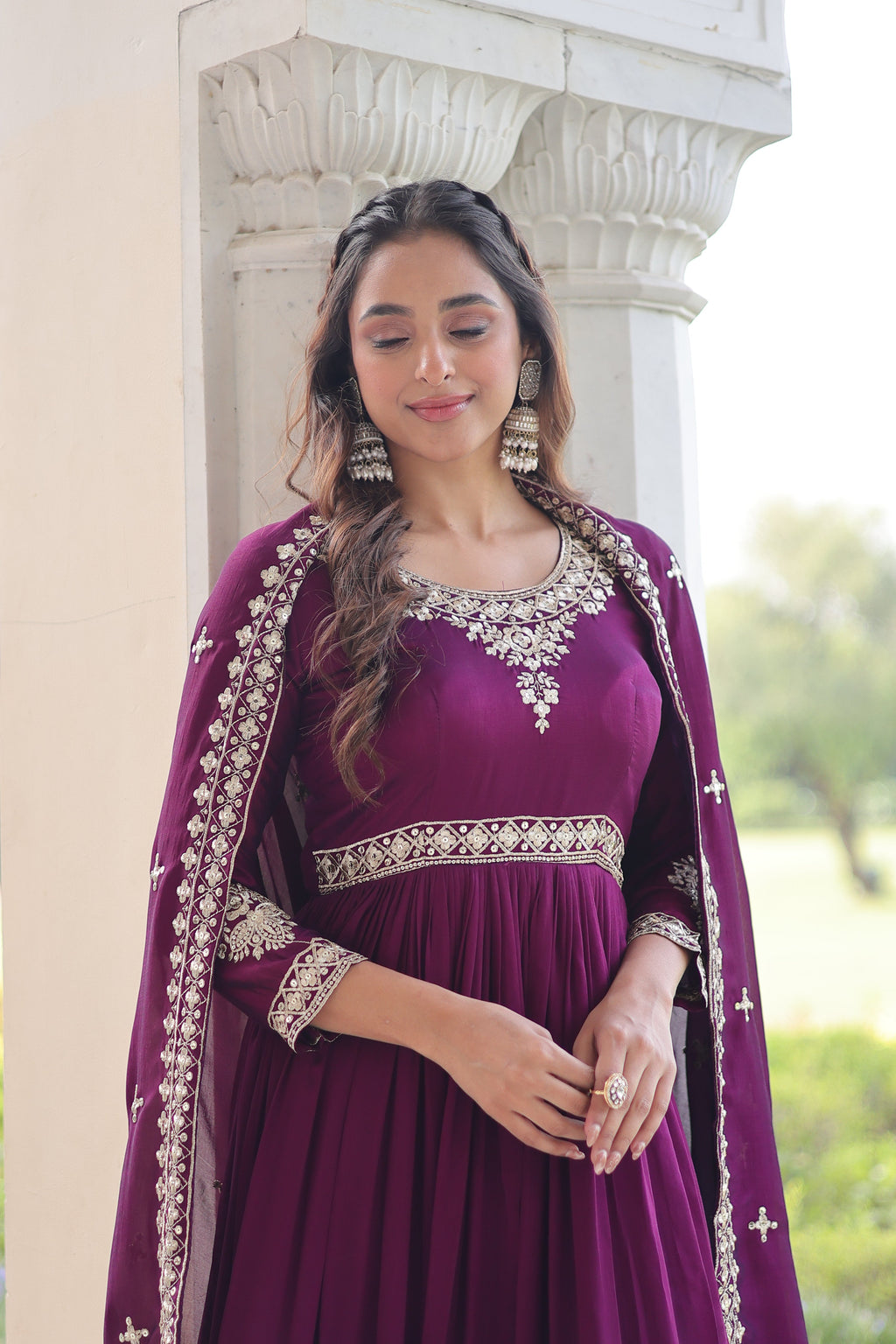 Ruvani wine Vichitra silk gown with rich sequins embroidered work and dupatta