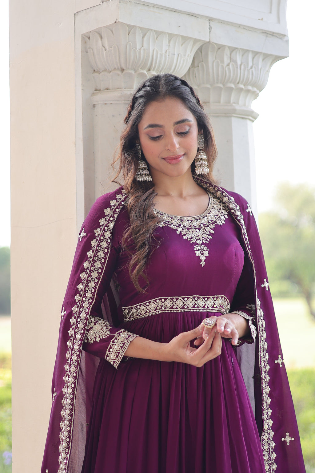 Ruvani wine Vichitra silk gown with rich sequins embroidered work and dupatta