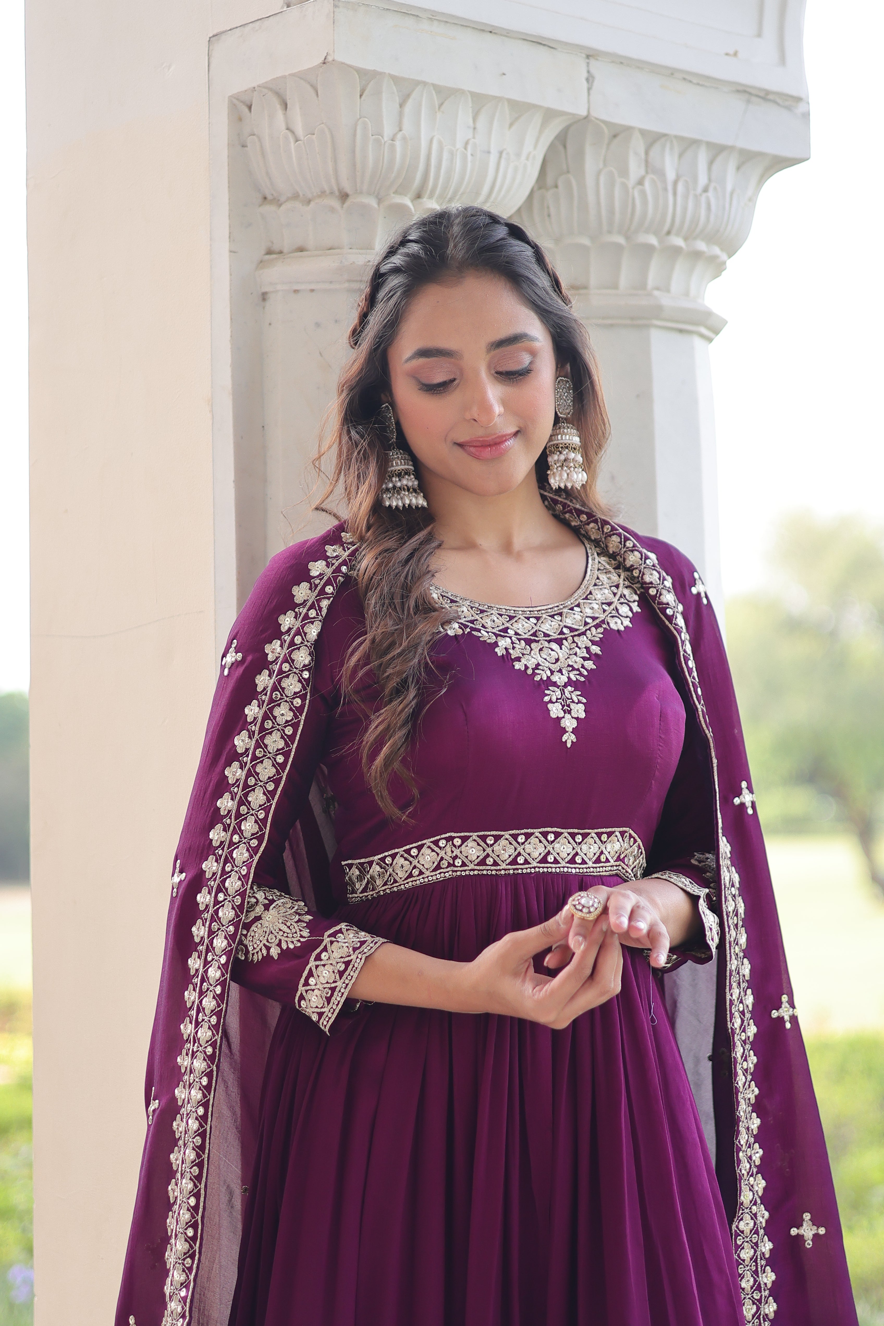 Ruvani wine Vichitra silk gown with rich sequins embroidered work and dupatta