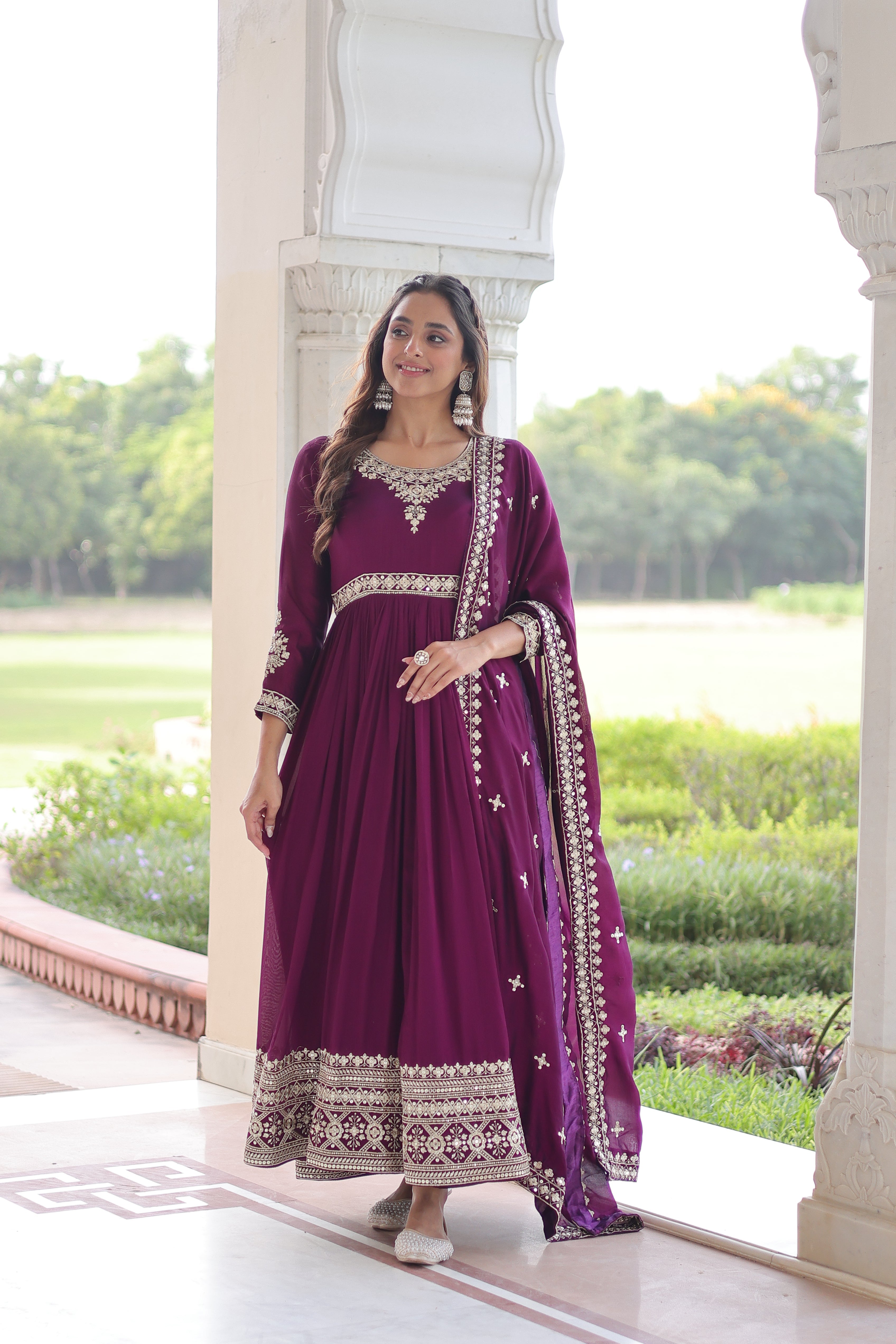 Ruvani wine Vichitra silk gown with rich sequins embroidered work and dupatta