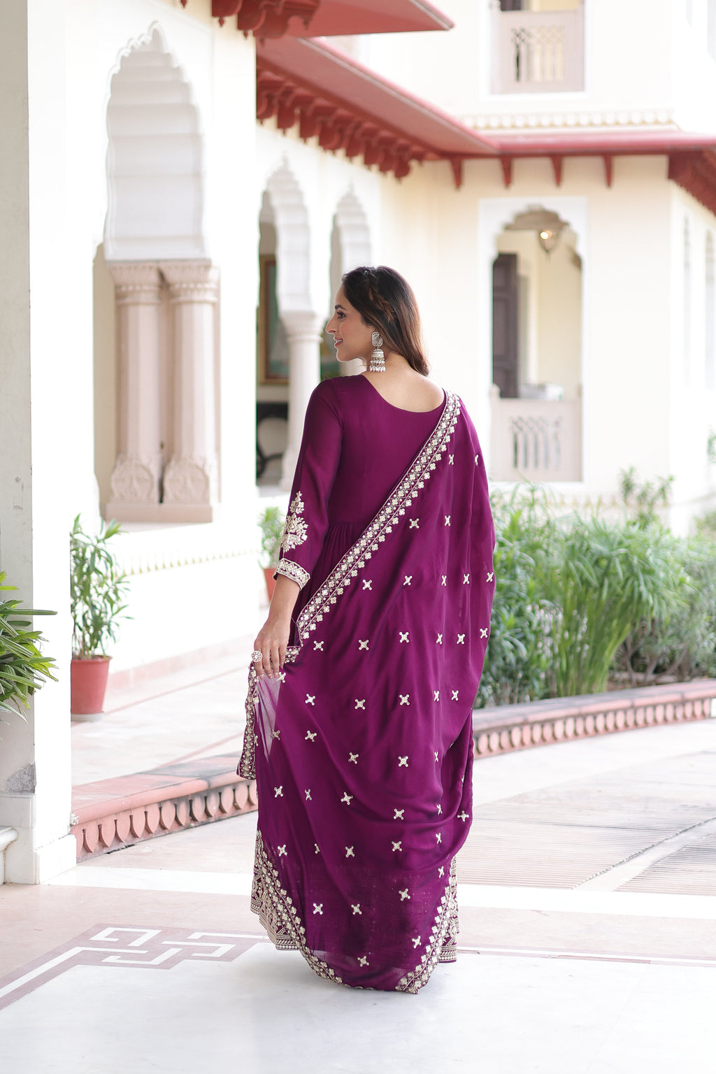 Ruvani wine Vichitra silk gown with rich sequins embroidered work and dupatta