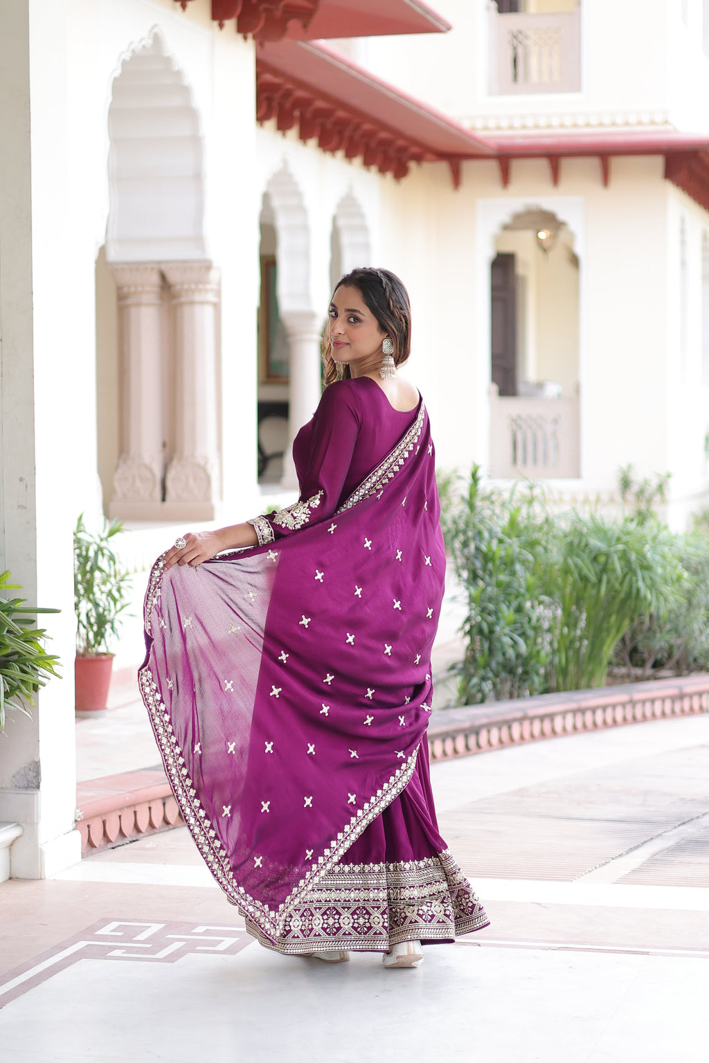 Ruvani wine Vichitra silk gown with rich sequins embroidered work and dupatta