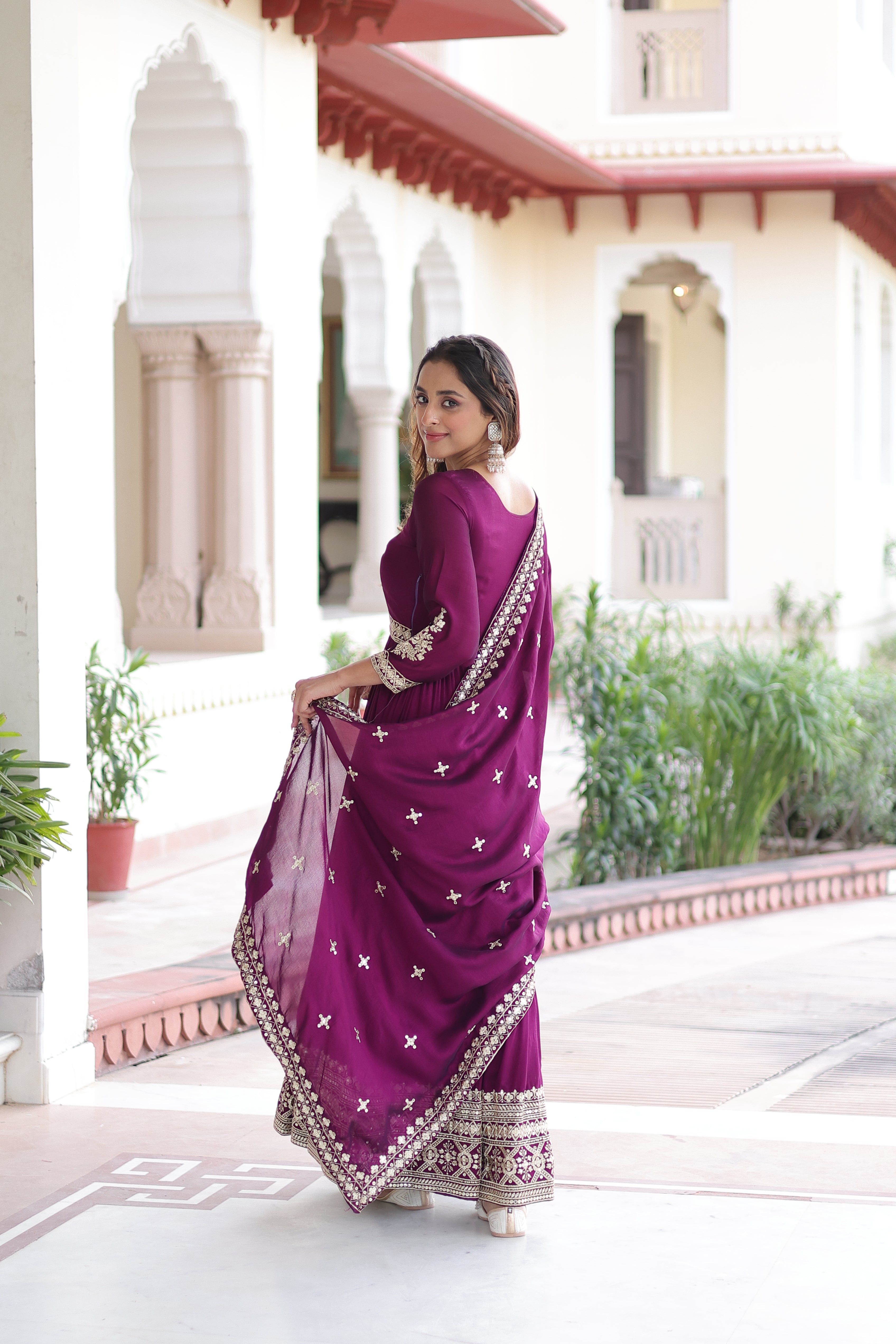 Ruvani wine Vichitra silk gown with rich sequins embroidered work and dupatta