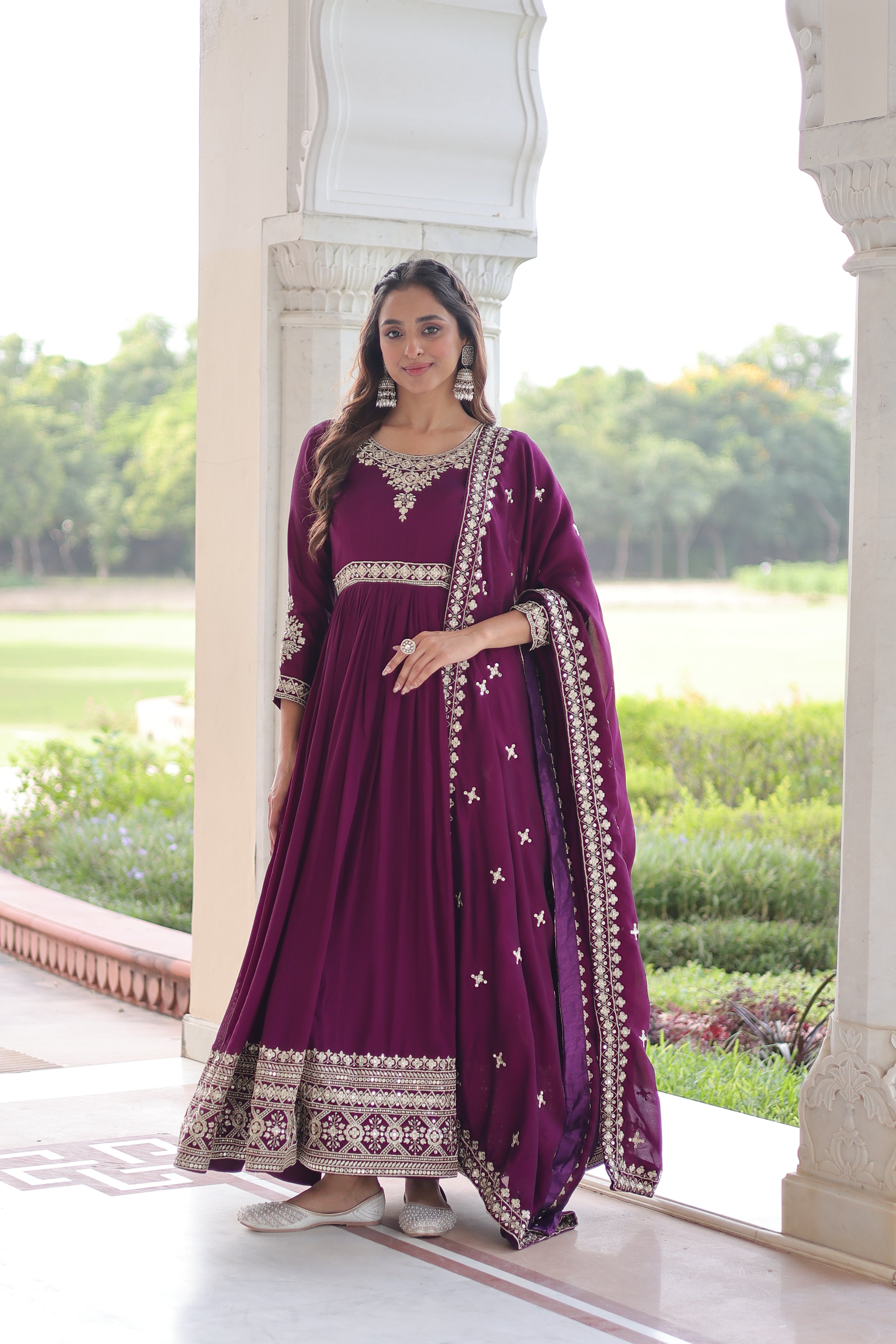 Ruvani wine Vichitra silk gown with rich sequins embroidered work and dupatta