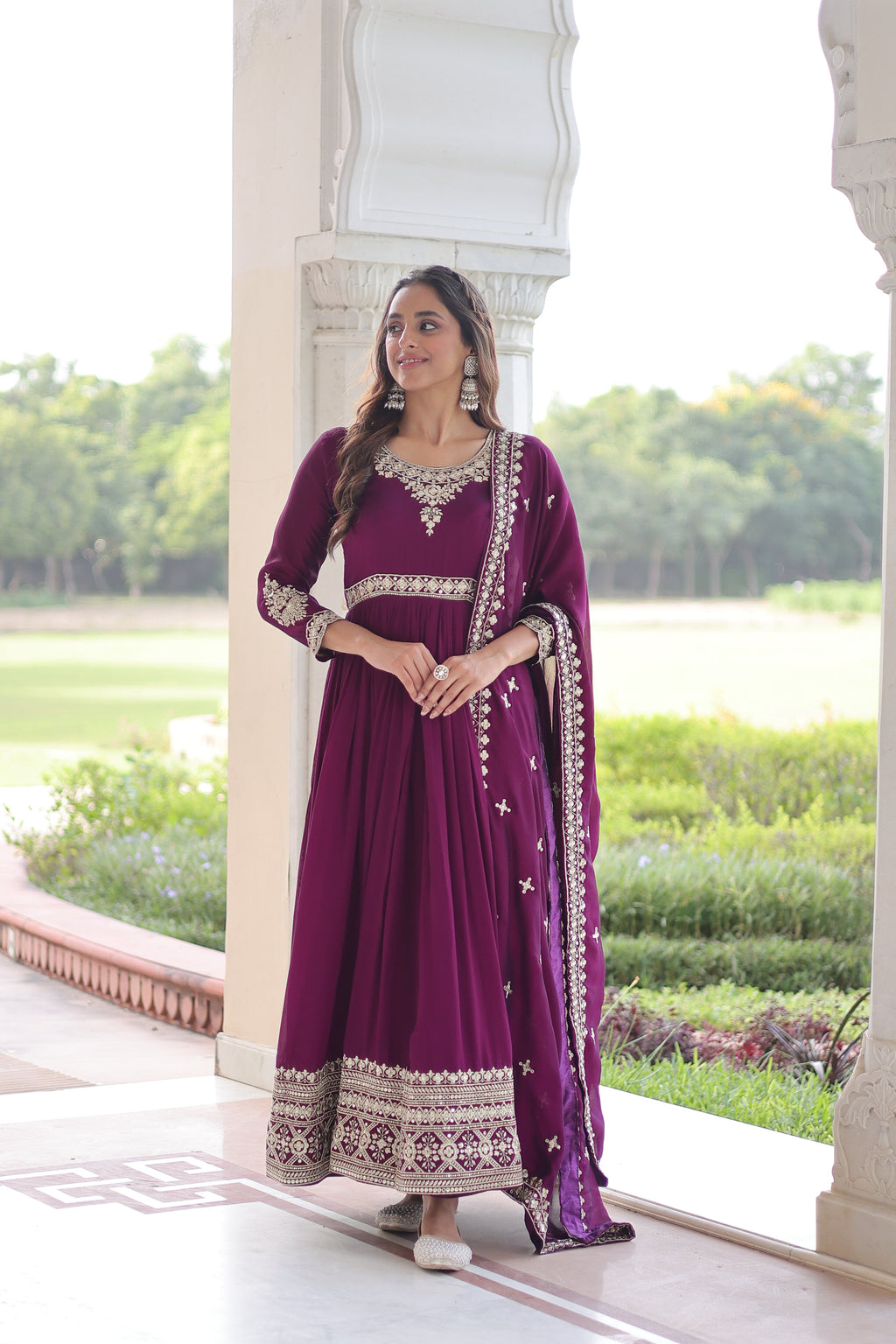 Ruvani wine Vichitra silk gown with rich sequins embroidered work and dupatta