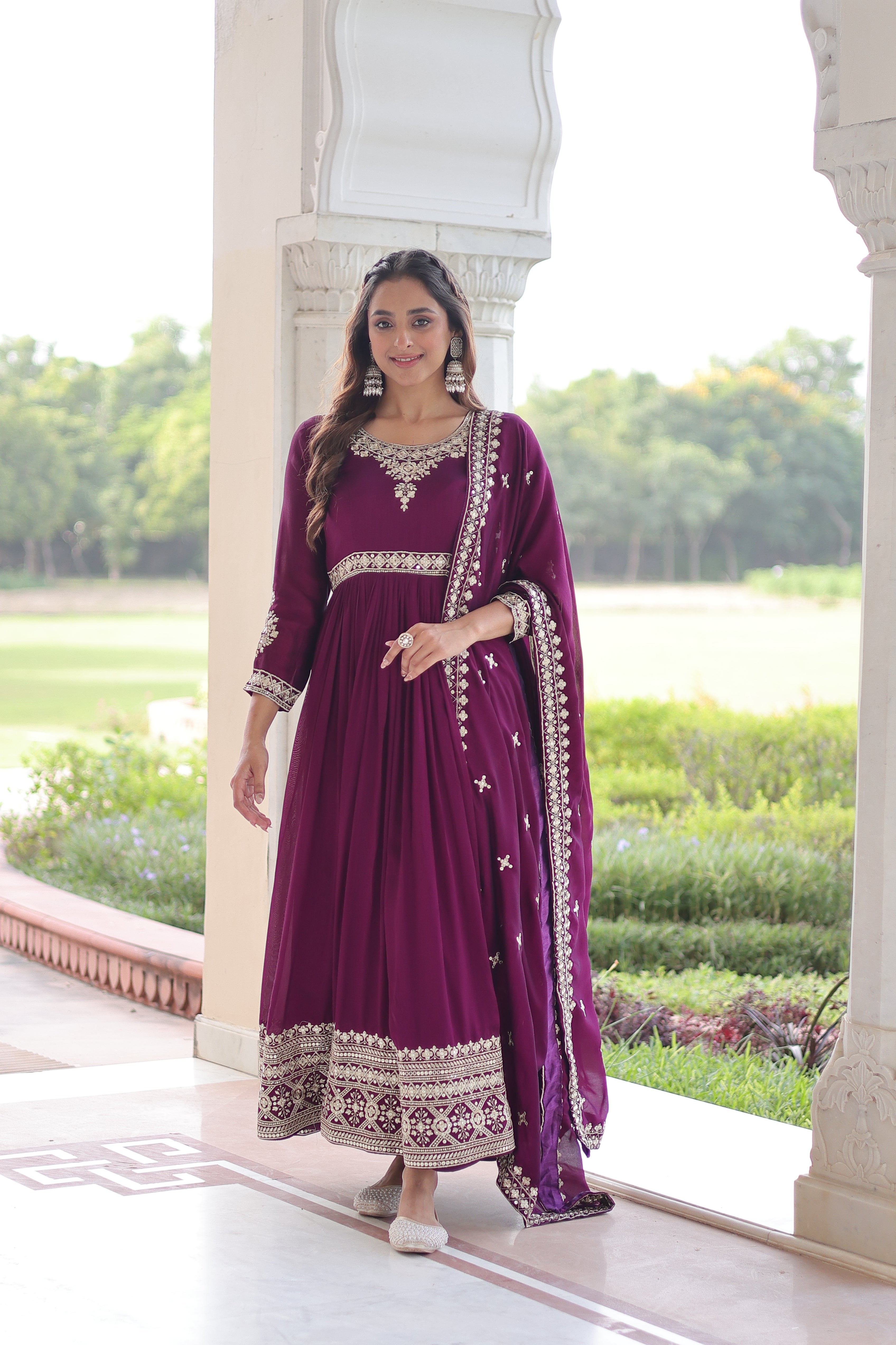 Ruvani wine Vichitra silk gown with rich sequins embroidered work and dupatta