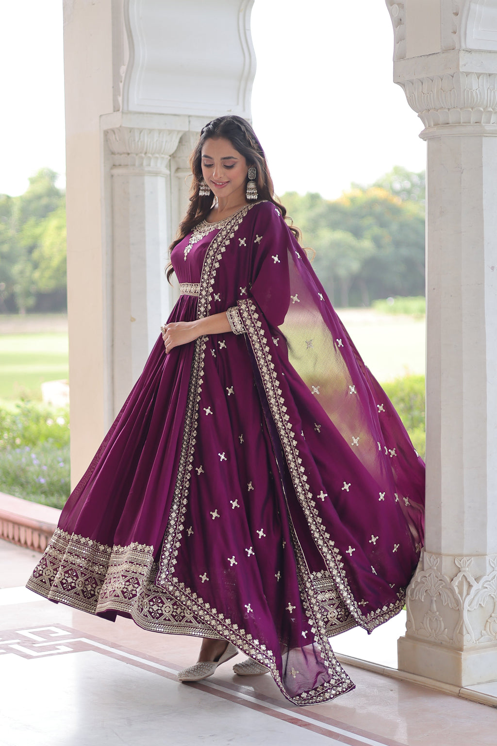 Ruvani wine Vichitra silk gown with rich sequins embroidered work and dupatta