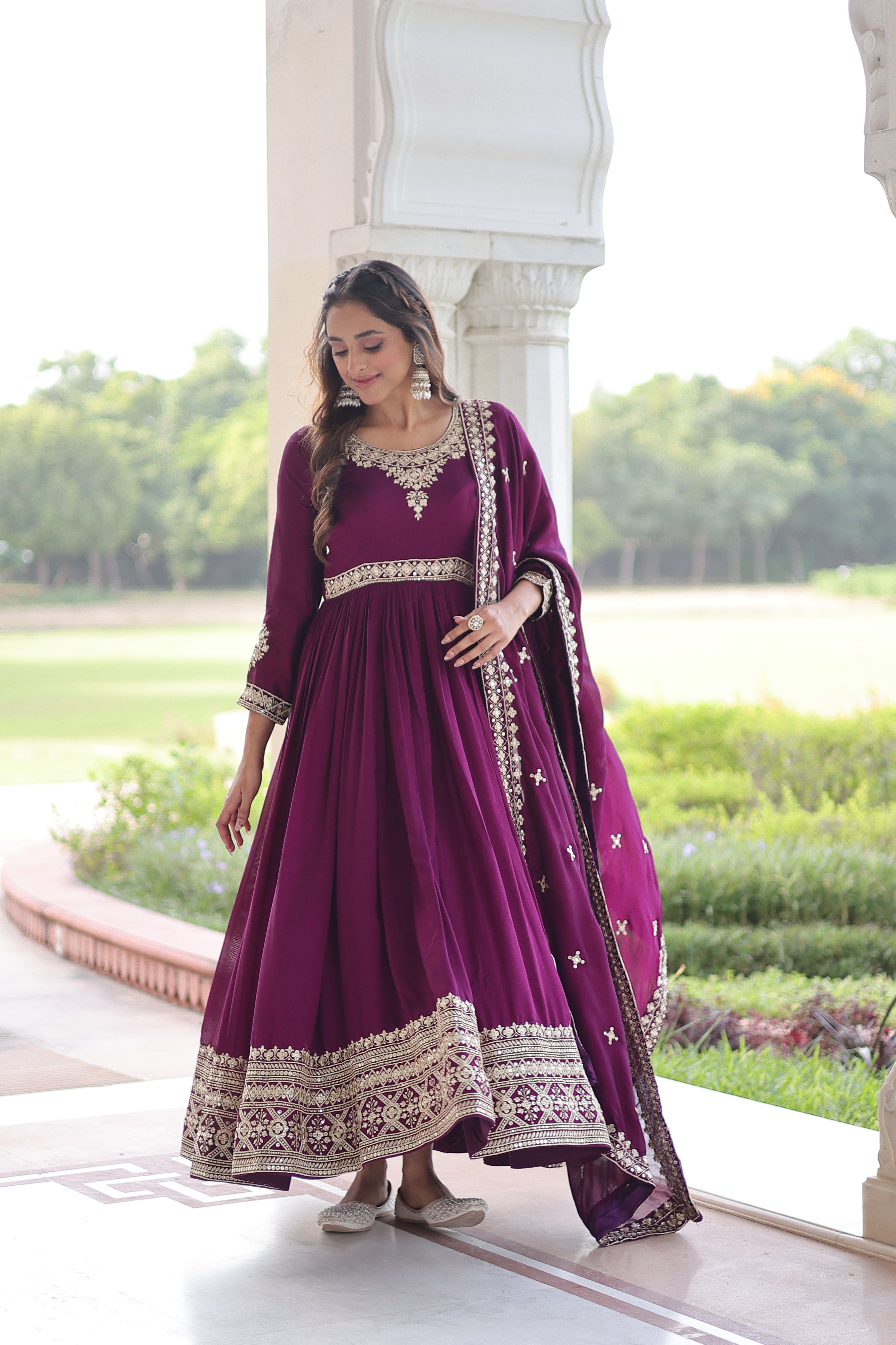Ruvani wine Vichitra silk gown with rich sequins embroidered work and dupatta