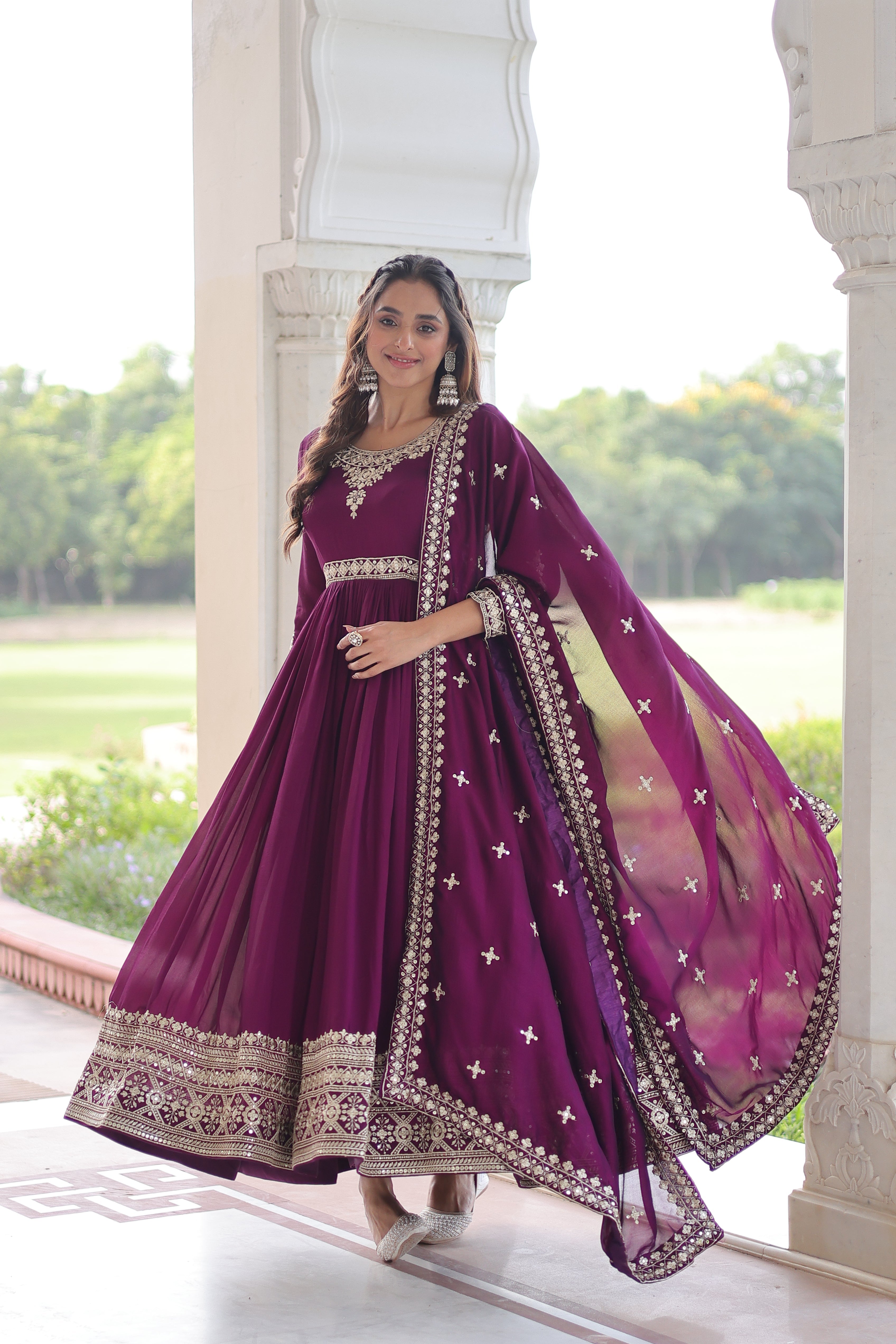Ruvani wine Vichitra silk gown with rich sequins embroidered work and dupatta