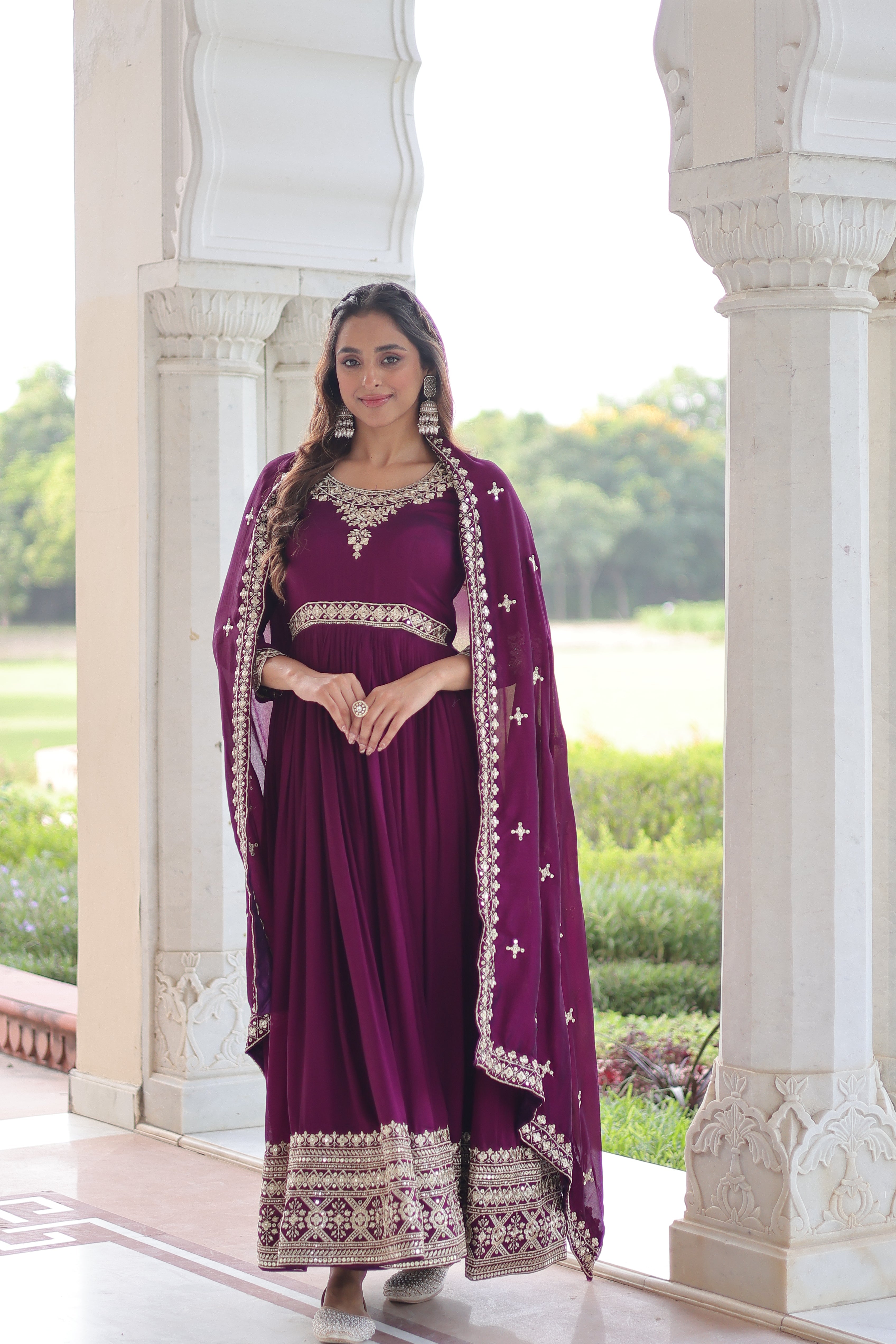 Ruvani wine Vichitra silk gown with rich sequins embroidered work and dupatta