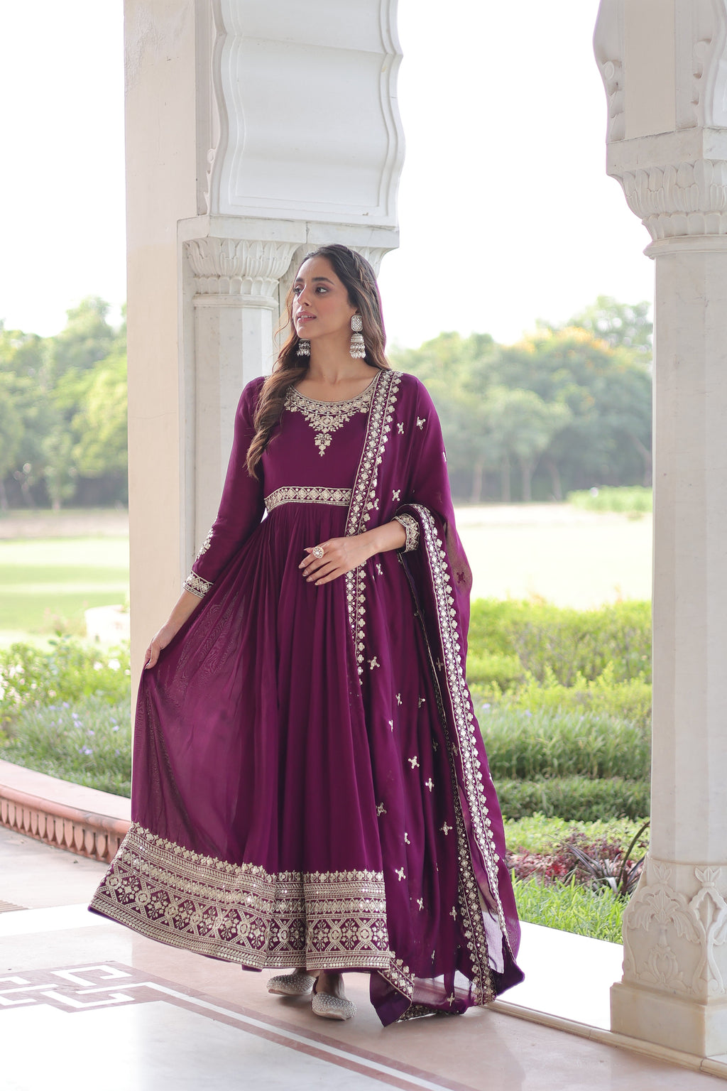 Ruvani wine Vichitra silk gown with rich sequins embroidered work and dupatta
