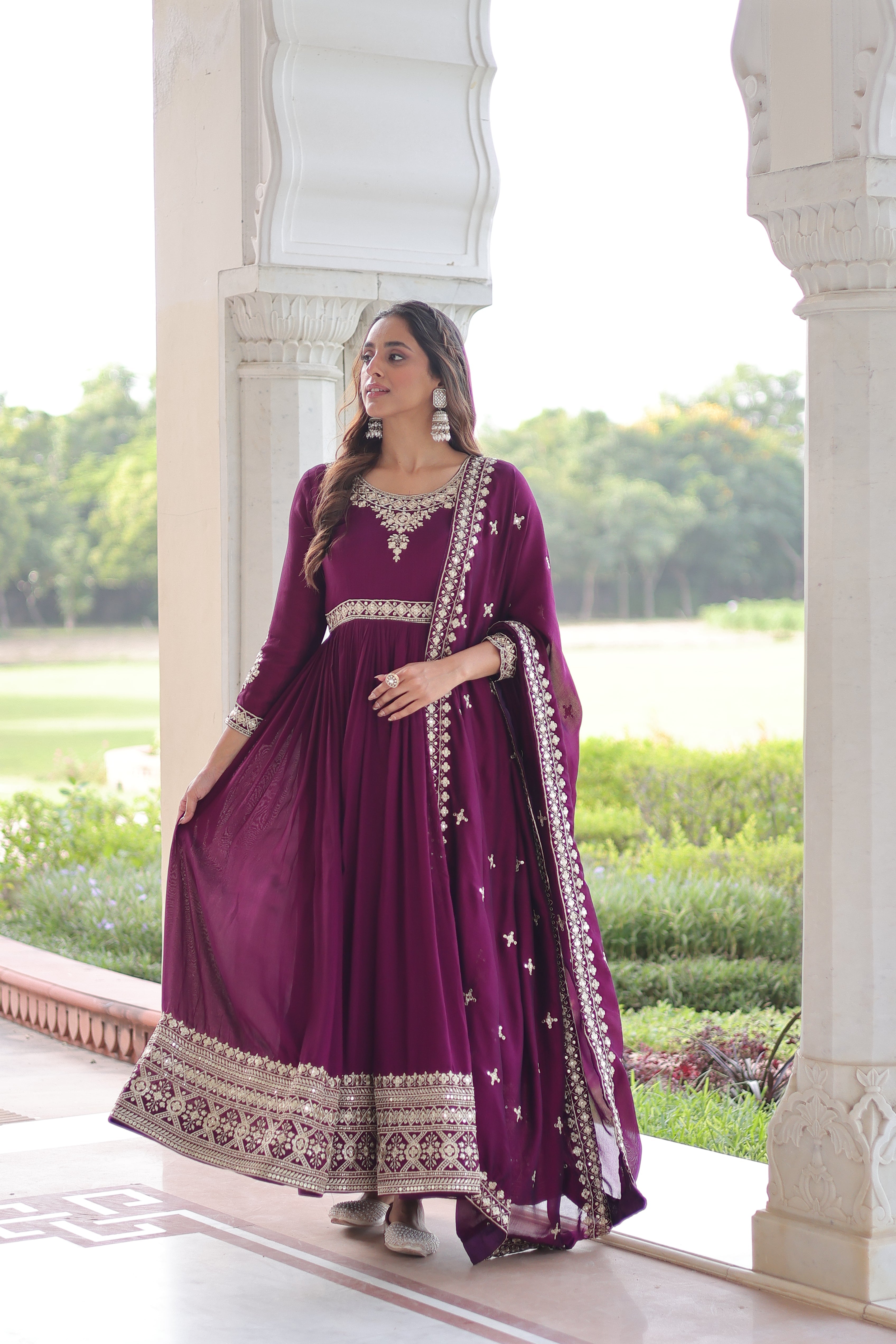Ruvani wine Vichitra silk gown with rich sequins embroidered work and dupatta