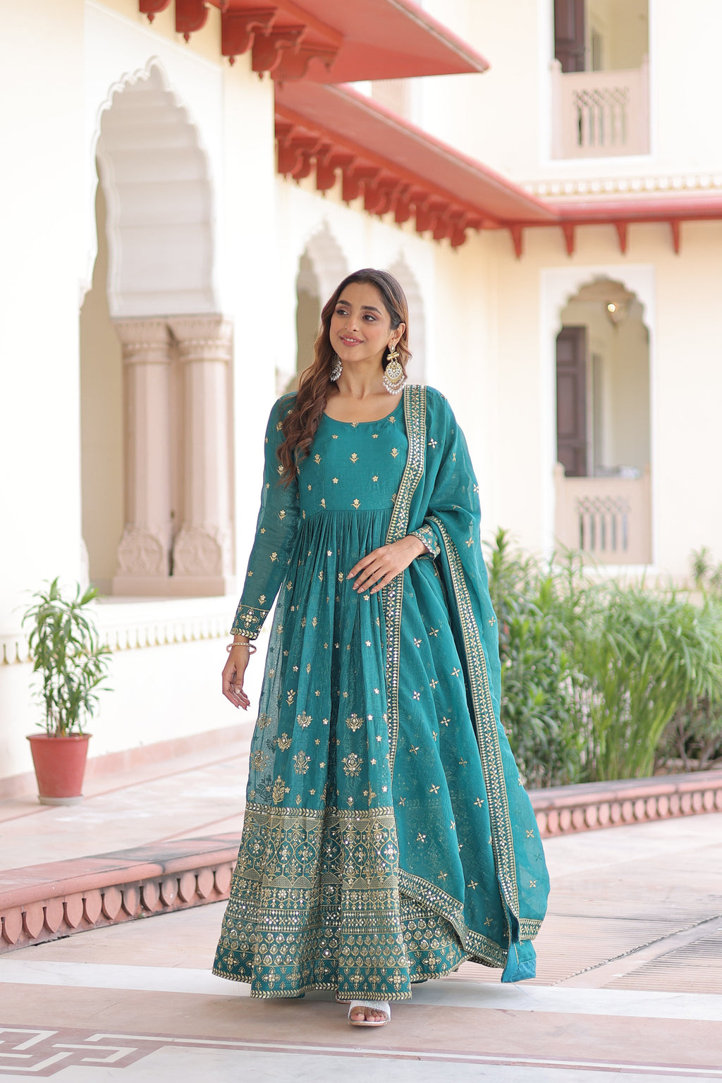 Nasu teal silver crunchy rich sequins embroidered gown with dupatta
