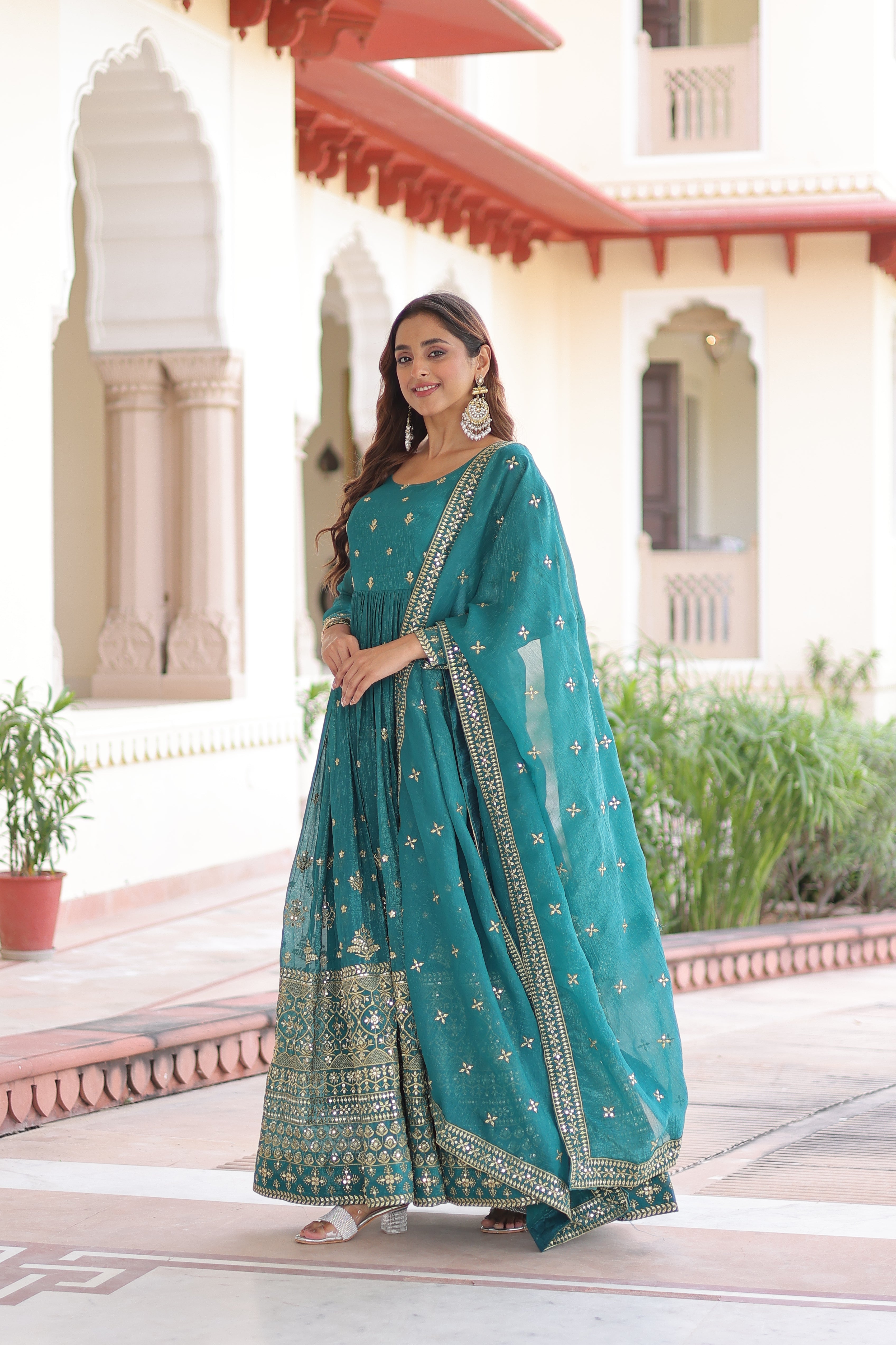 Nasu teal silver crunchy rich sequins embroidered gown with dupatta