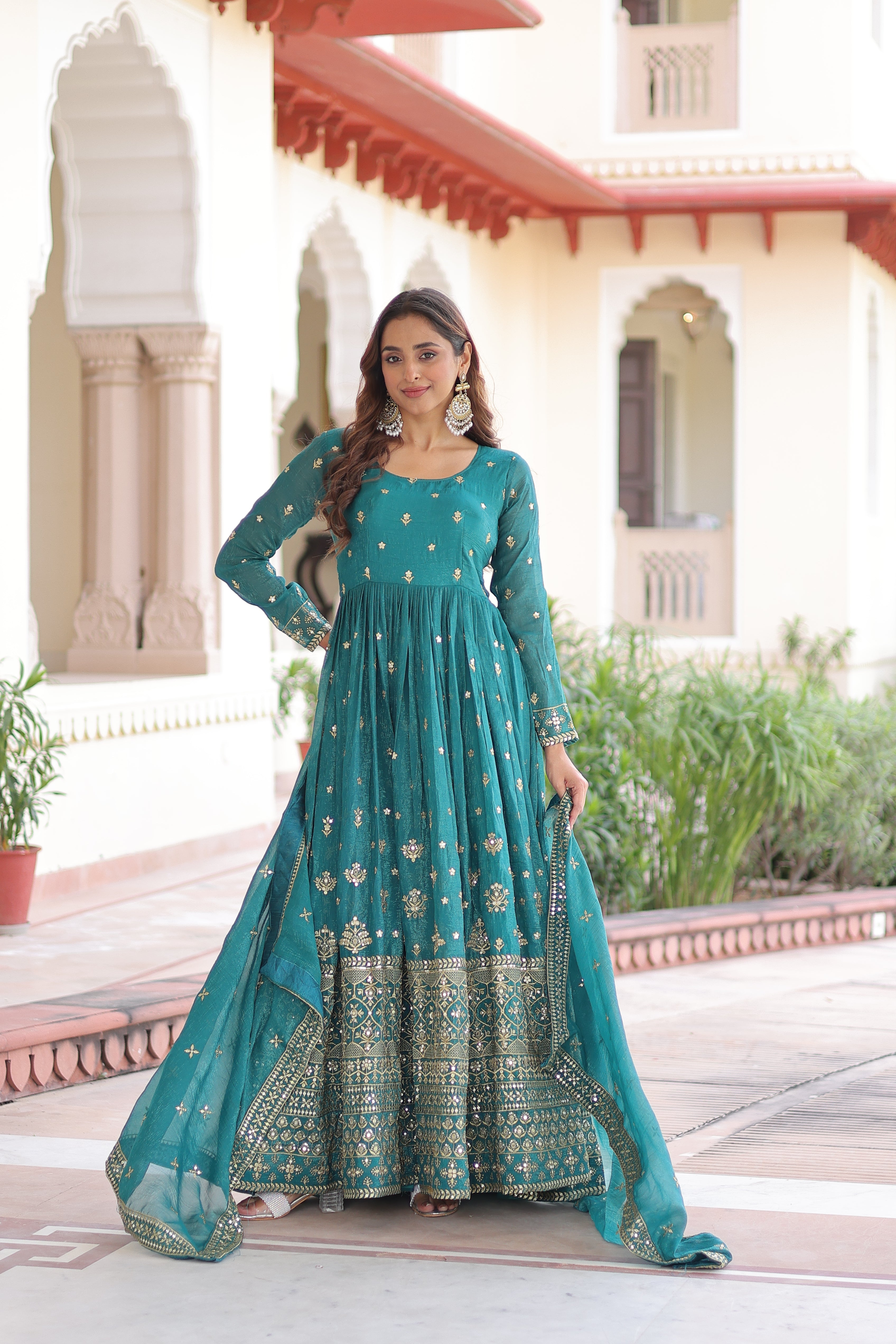 Nasu teal silver crunchy rich sequins embroidered gown with dupatta