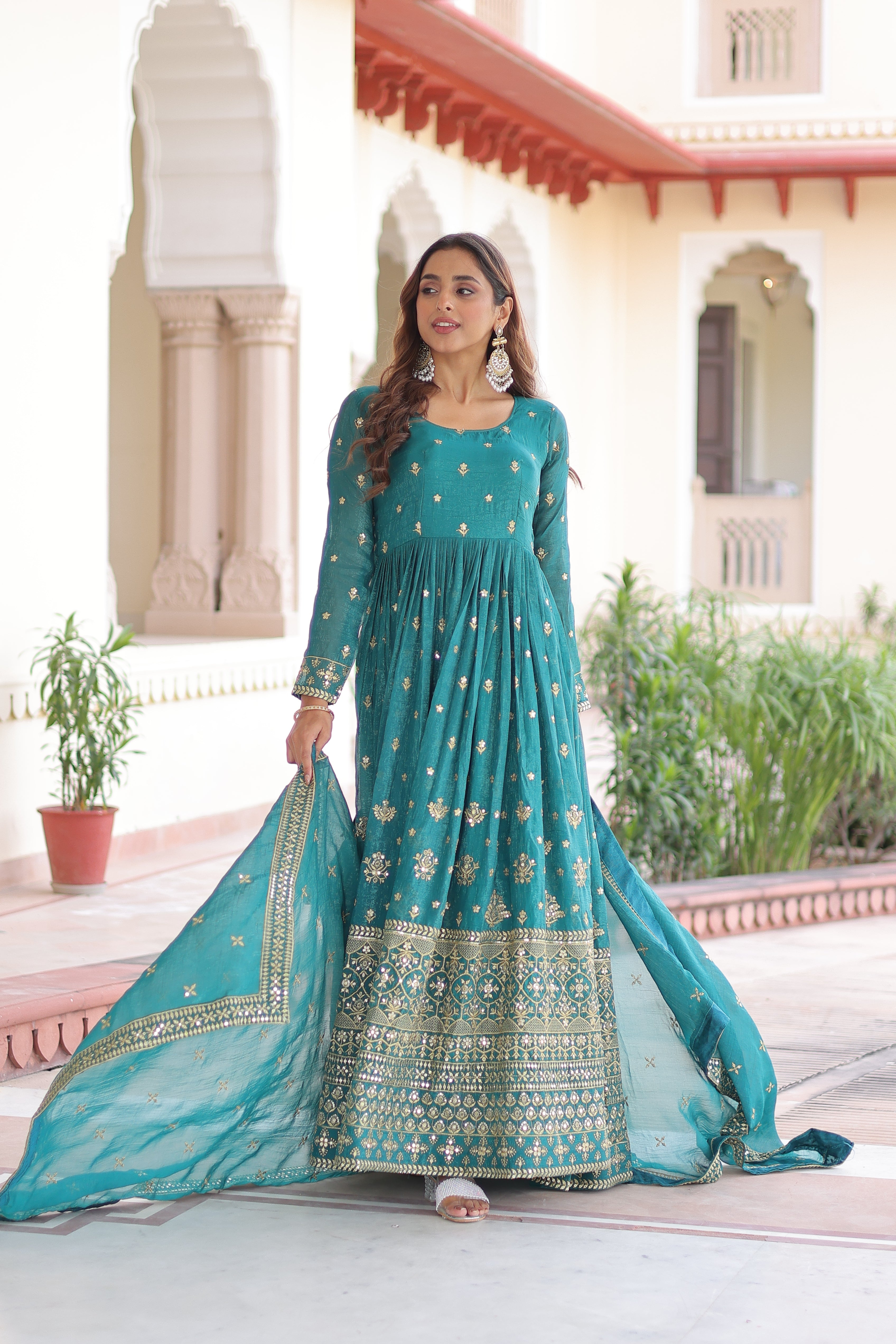 Nasu teal silver crunchy rich sequins embroidered gown with dupatta