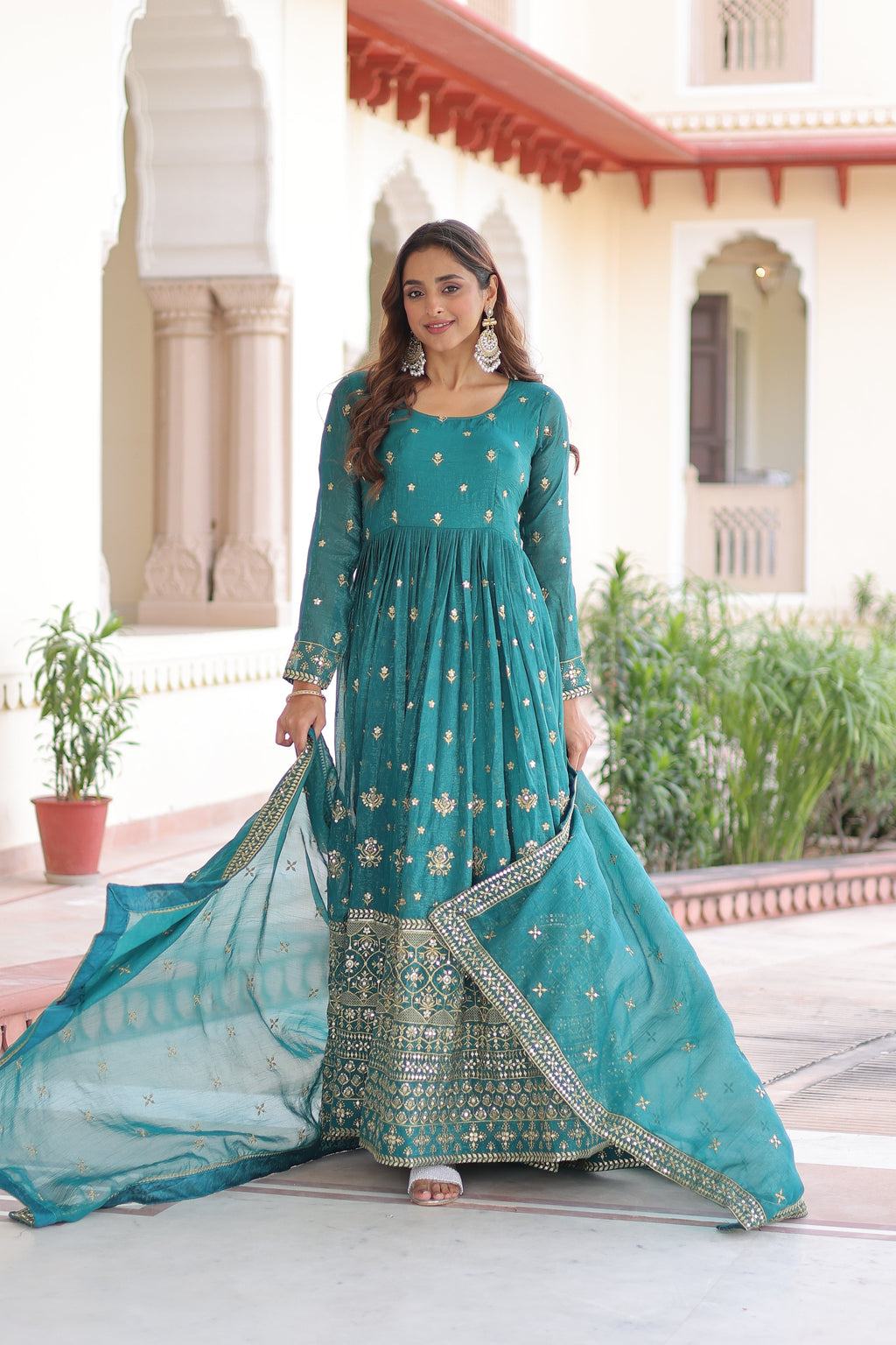 Nasu teal silver crunchy rich sequins embroidered gown with dupatta