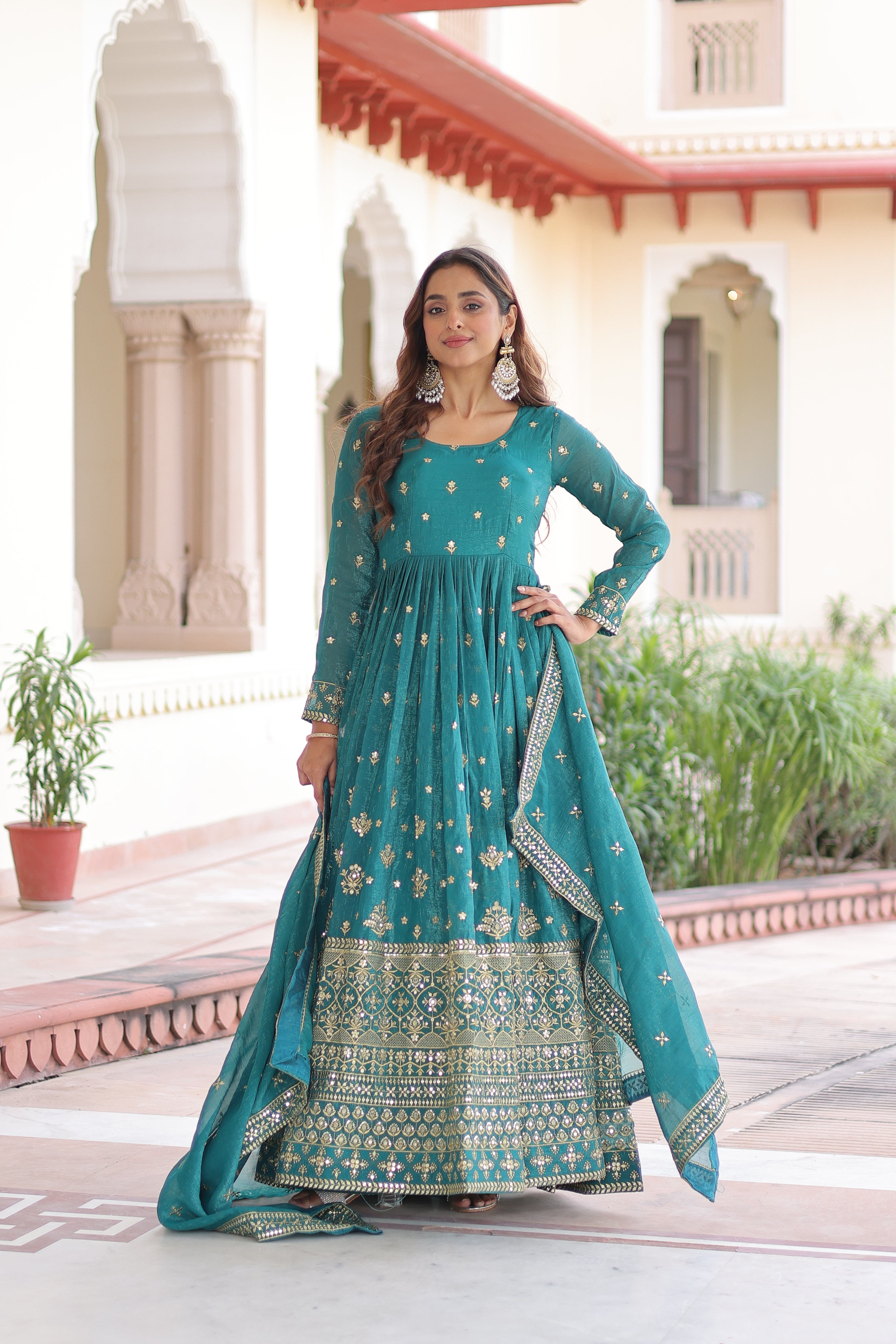 Nasu teal silver crunchy rich sequins embroidered gown with dupatta