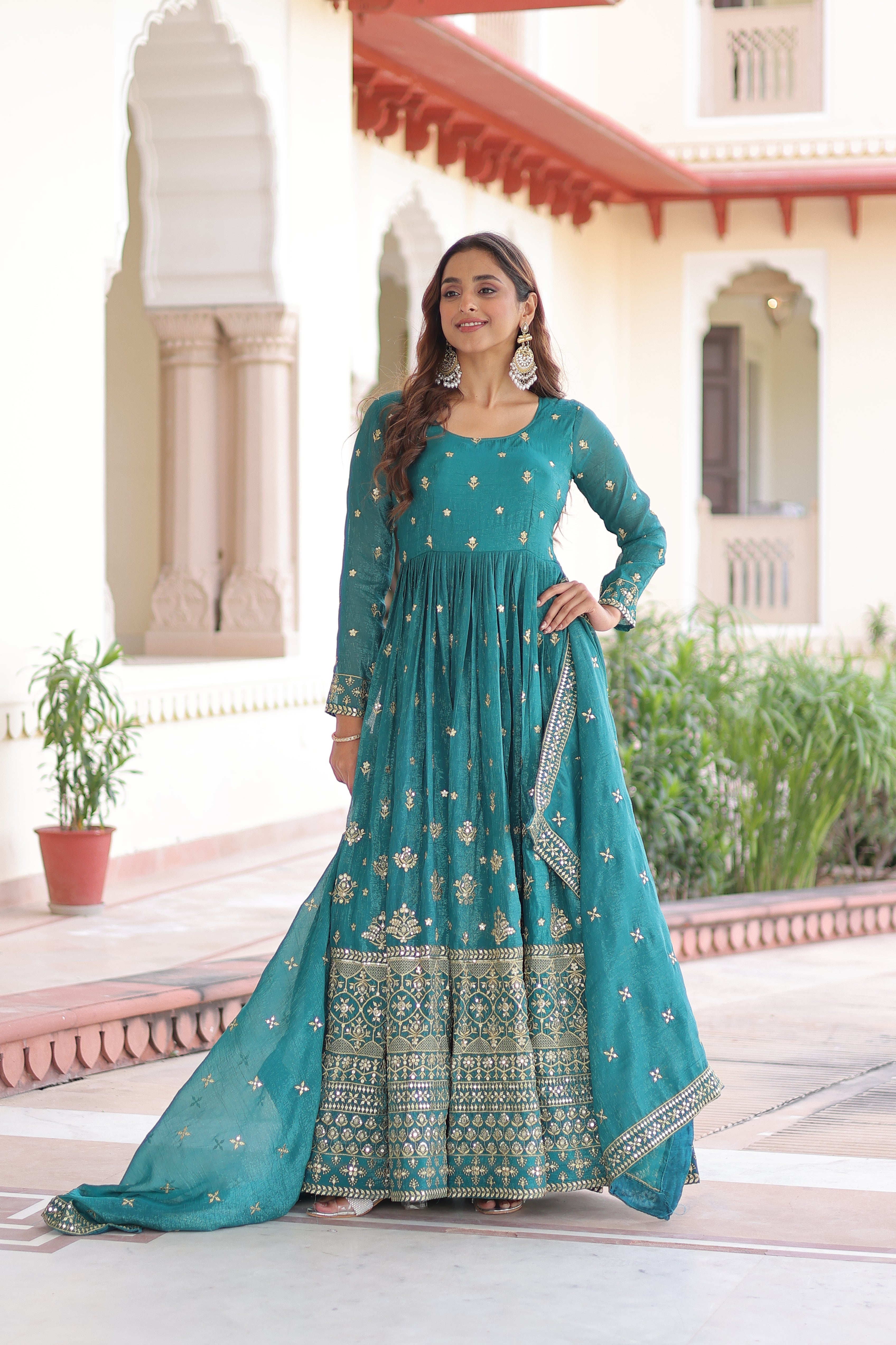 Nasu teal silver crunchy rich sequins embroidered gown with dupatta
